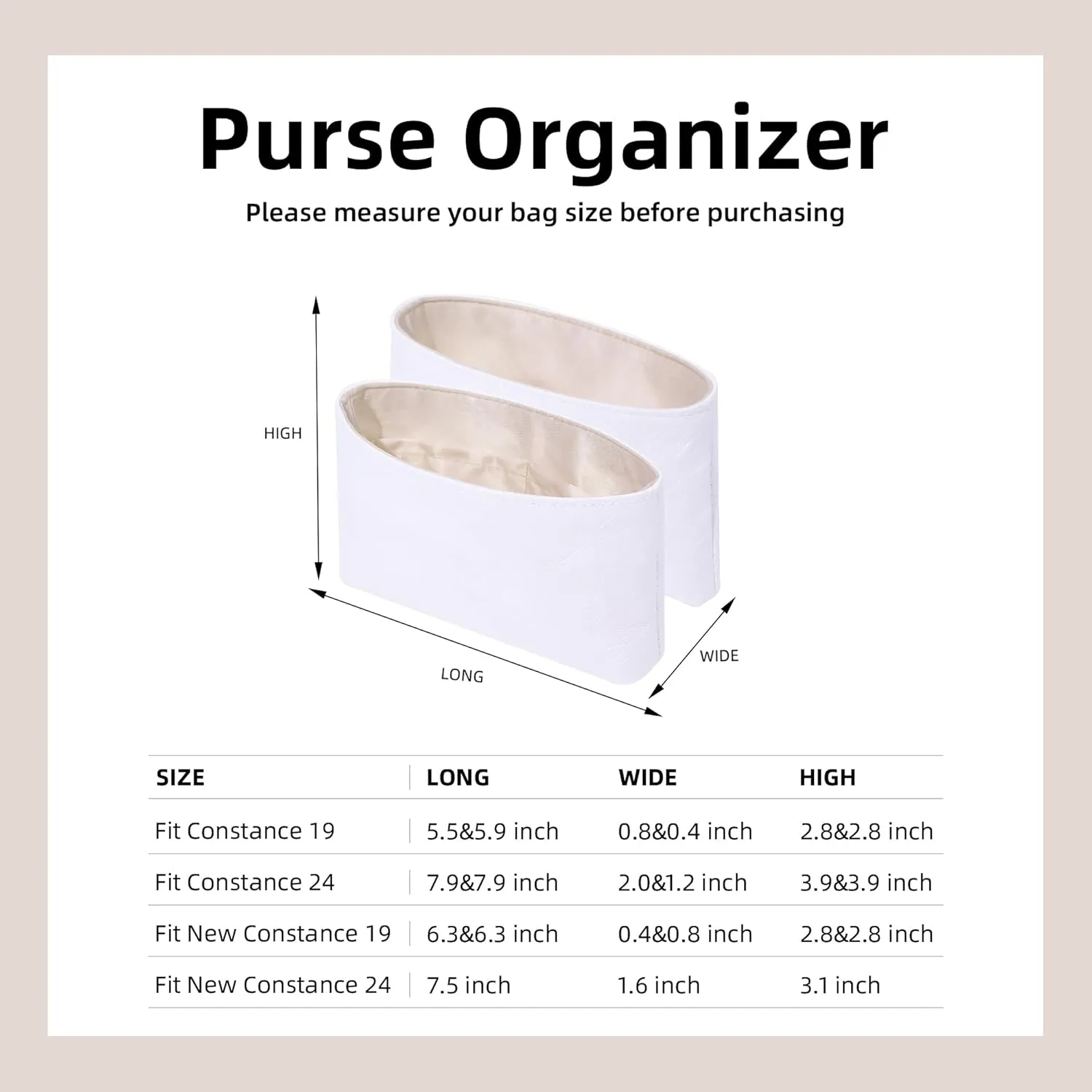 DGAZ Lightweight Purse Organizer Insert for Hermes Constance Bag,Silk and Dupontpaper handbag inner for Luxury Bags(Craie,newC19)