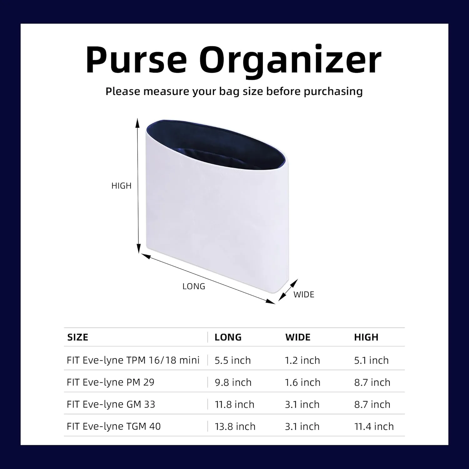 DGAZ Lightweight Purse Organizer Insert for Hermes Evelyne Bag,Silk and Dupontpaper handbag inner for Luxury Bags(Blue nuit,TPM)