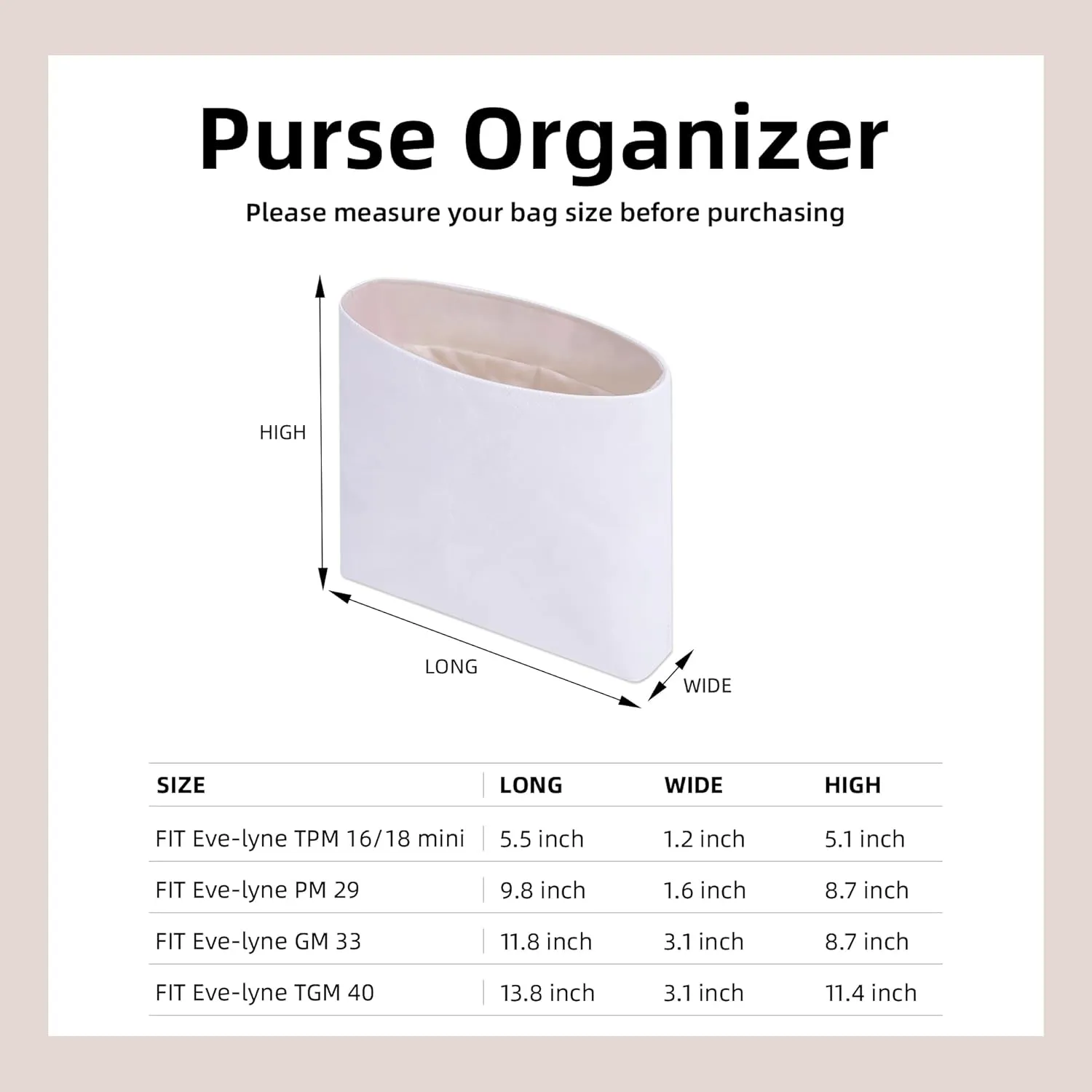 DGAZ Lightweight Purse Organizer Insert for Hermes Evelyne Bag,Silk and Dupontpaper handbag inner for Luxury Bags(Craie,TPM)