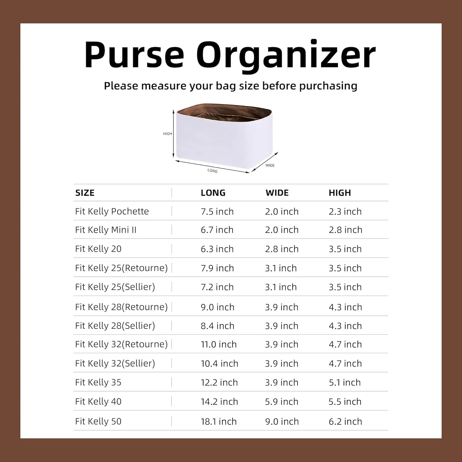DGAZ Lightweight Purse Organizer Insert for Hermes Kelly Bag,Silk and Dupontpaper handbag inner for Luxury Bags(Gold,kelly 25(Retourne))
