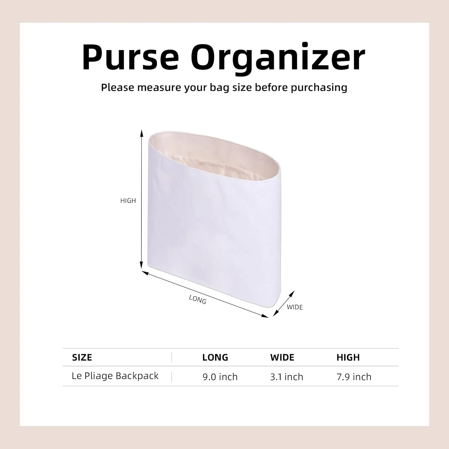 DGAZ Lightweight Purse Organizer Insert for Longchamp LE PLIAGE Backpack Bag,silk and DupontPaper handbag inner for Luxury Bags(Craie)