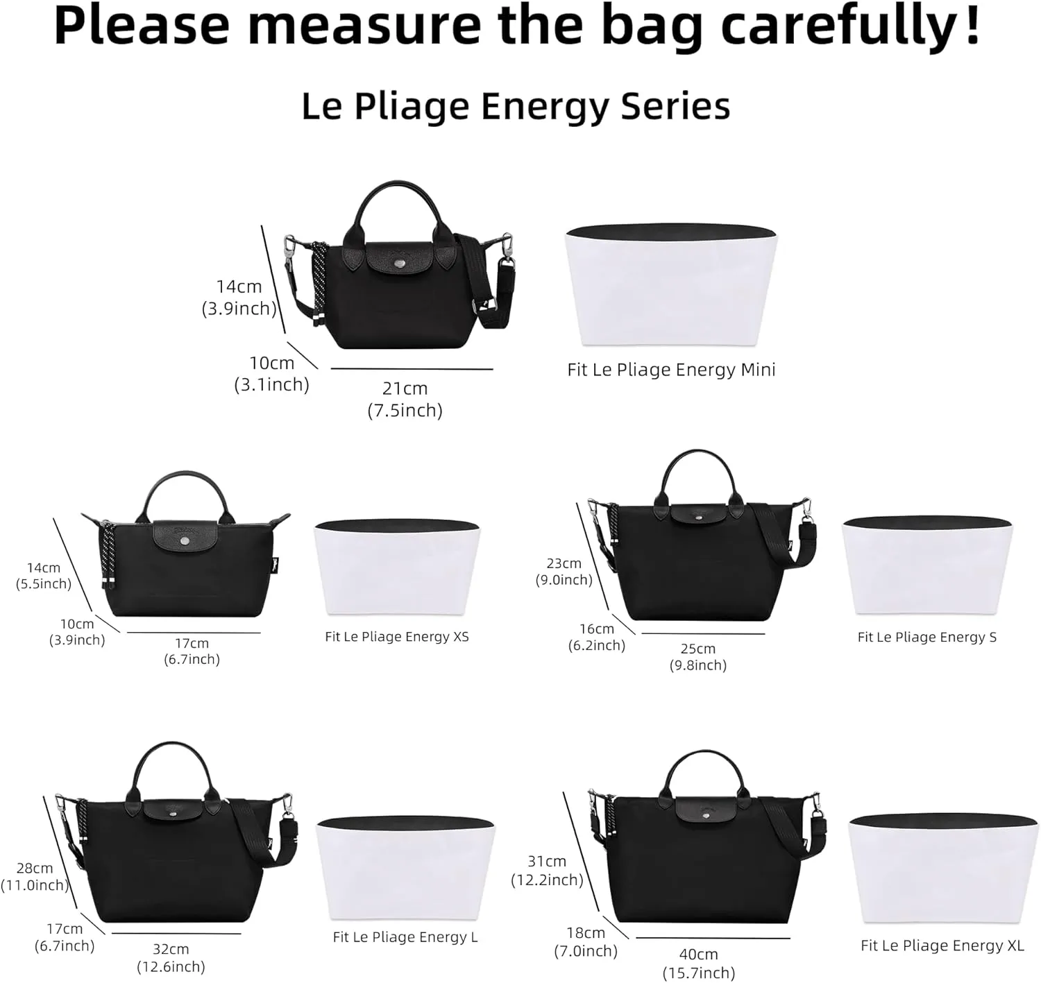 DGAZ Lightweight Purse Organizer Insert for Longchamp Le Pliage Energy Series Bag,silk and DupontPaper handbag inner for Luxury Bags(Black,Le Pliage Energy XS)