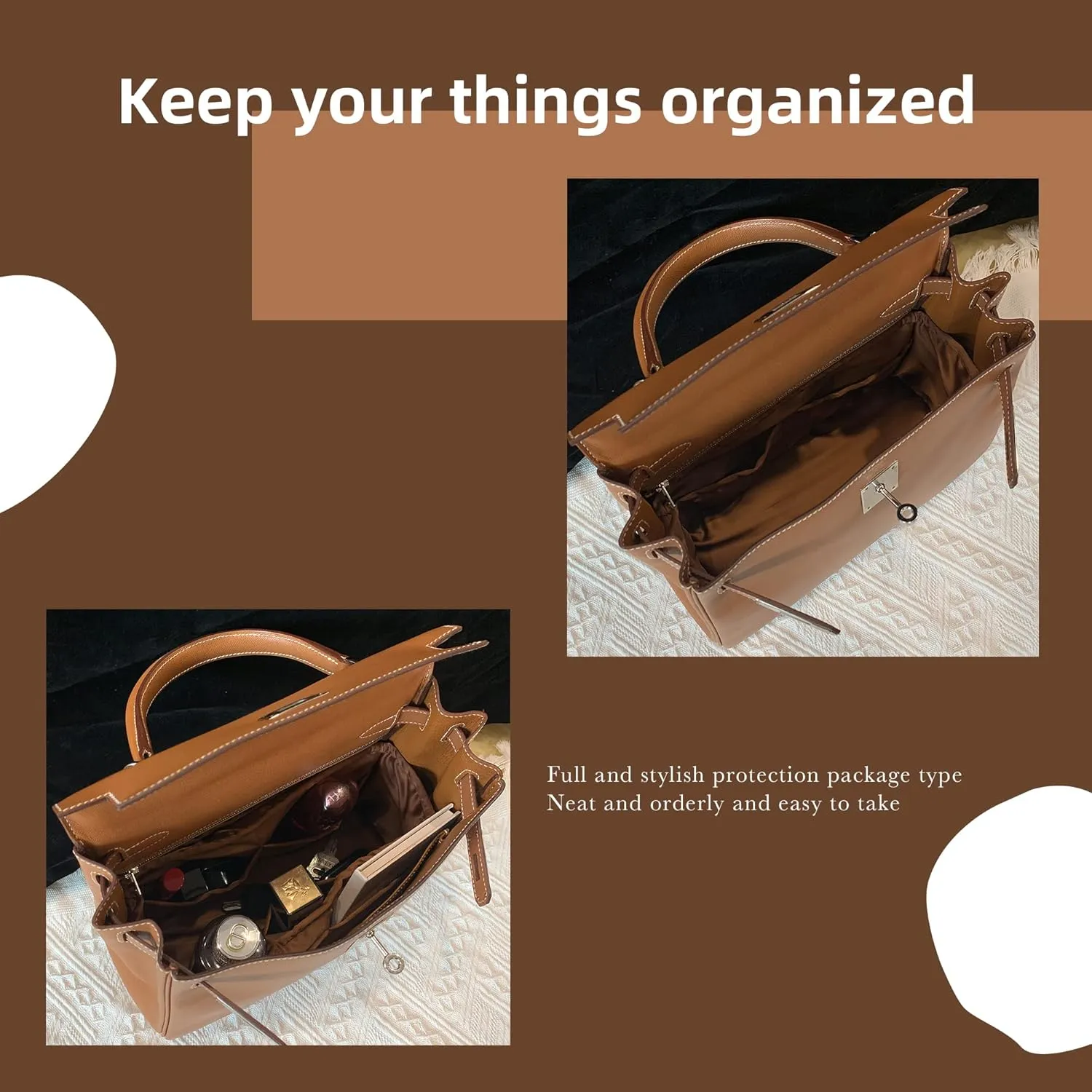 DGAZ Luxury Handbag & Tote Organizer, Silk Purse Organizer, Fits mini Kelly Bags (Gold, miniKelly2)