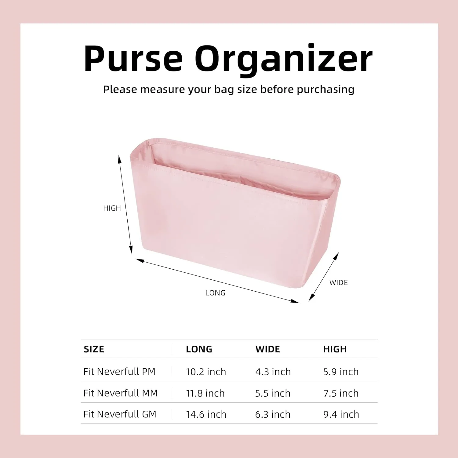 DGAZ Purse Organizer Insert Fits Neverfull-Mini/PM/MM/GM Bags，Silk Bag Organizer，Luxury Handbag & Tote Shaper（PM, Pink）