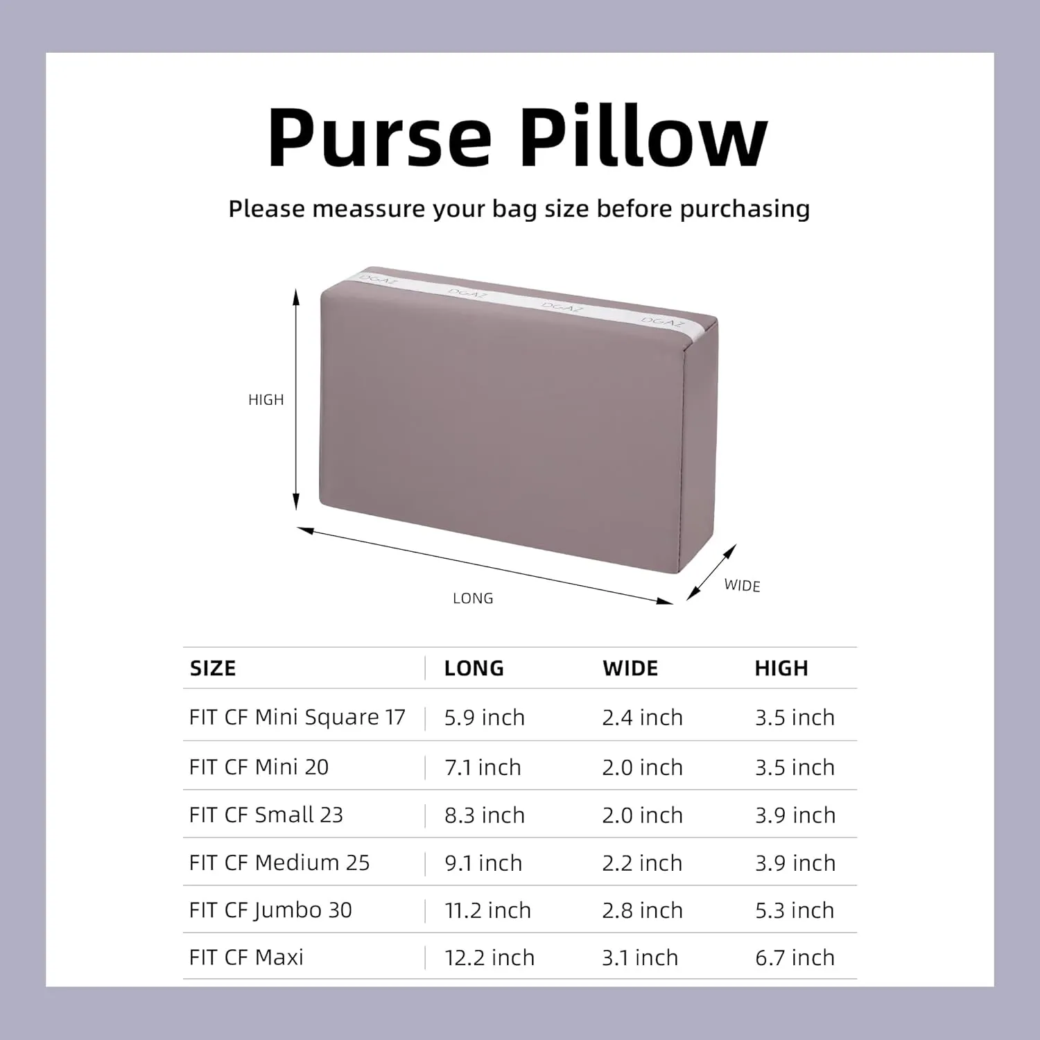 DGAZ Purse Pillow Shaper Insert for Chanel CF Bags, Silky Pillow Shaper for Luxury Handbags（Konjac purple, Mini 20）