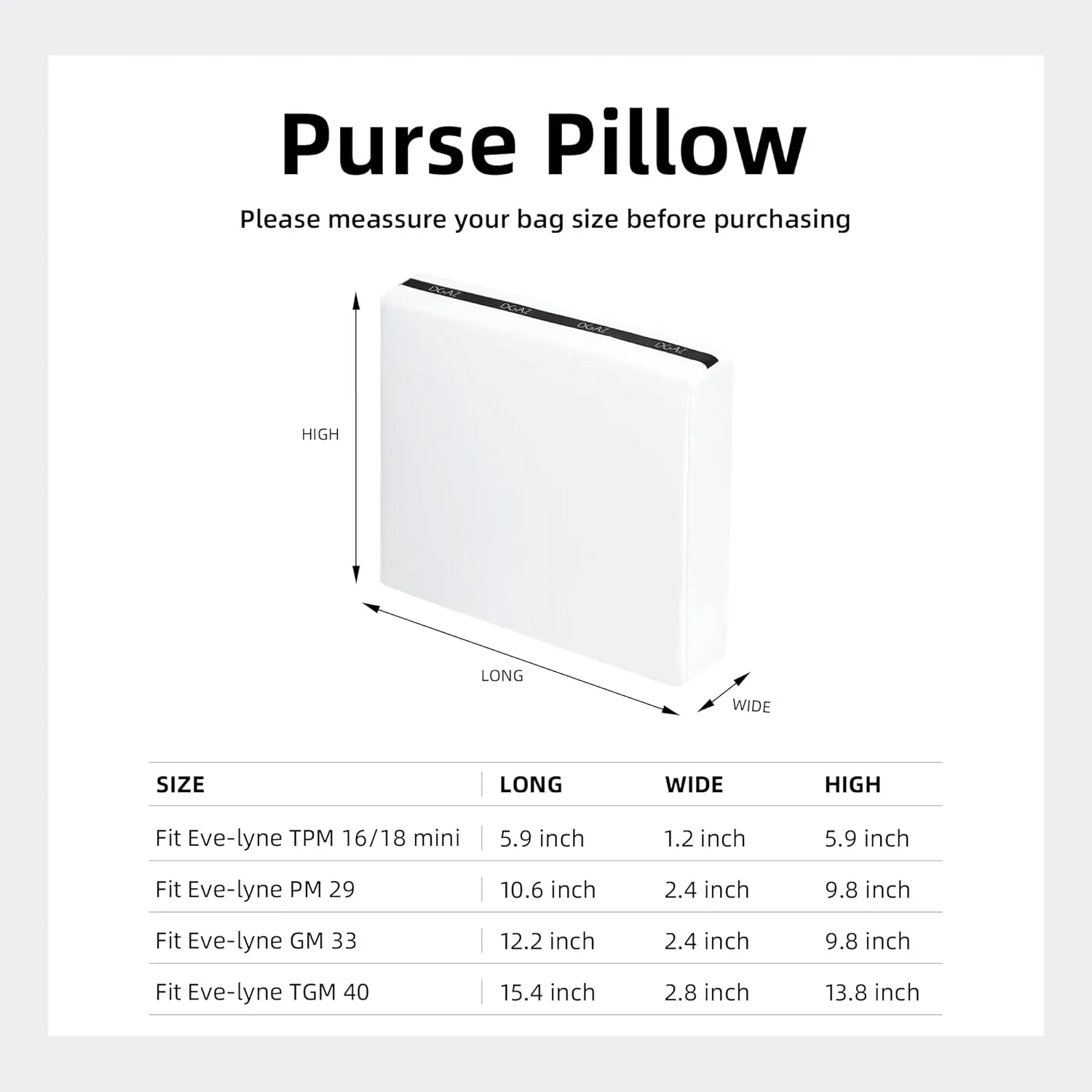 DGAZ Purse Pillow Shaper Insert for Evelyne TPM/PM/GM/TGM Bags, Silky Pillow Shaper for Luxury Handbags(White,PM 29)