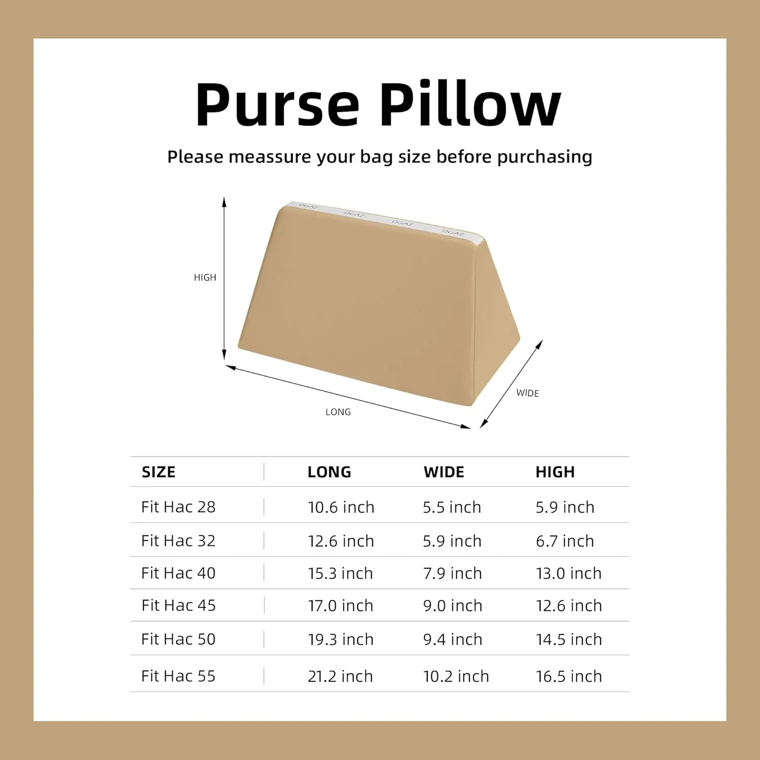 DGAZ Purse Pillow Shaper Insert for Hermes Hac Bags, Silky Pillow Shaper for Luxury Handbags(Chai,Hac 28)
