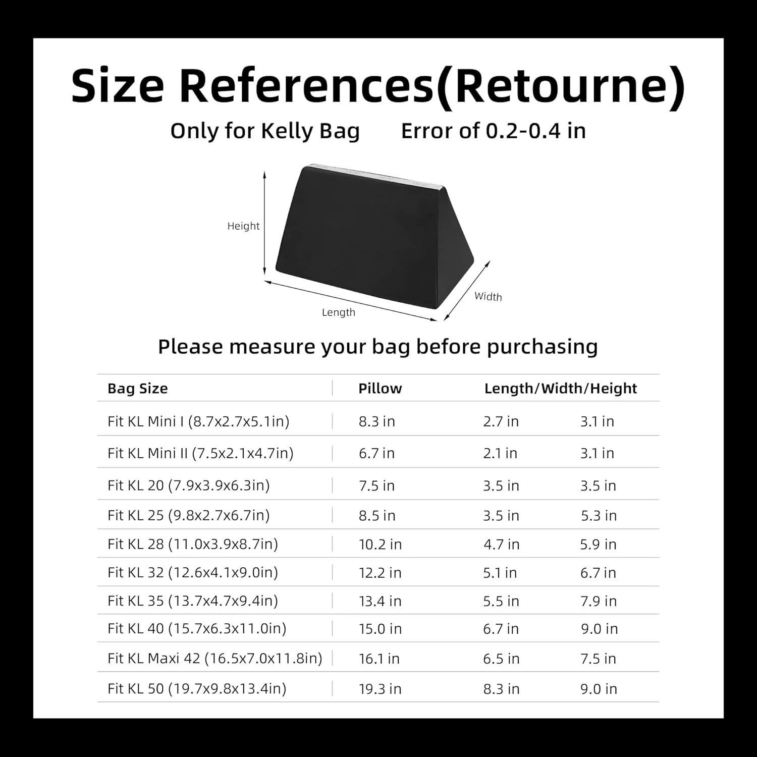 DGAZ Purse Pillow Shaper Insert for Hermes Kelly Bags, Silky Pillow Shaper for Luxury Handbags(Black,KLmini2)