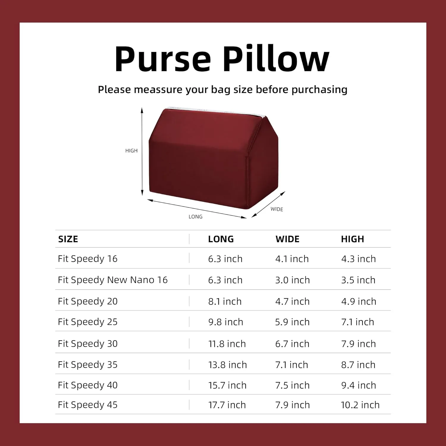 DGAZ Purse Pillow Shaper Insert for LV Speedy 16/New16/20/25/30/35/40/45 Bags, Silky Pillow Shaper for Luxury Handbags(Wine Red,20)