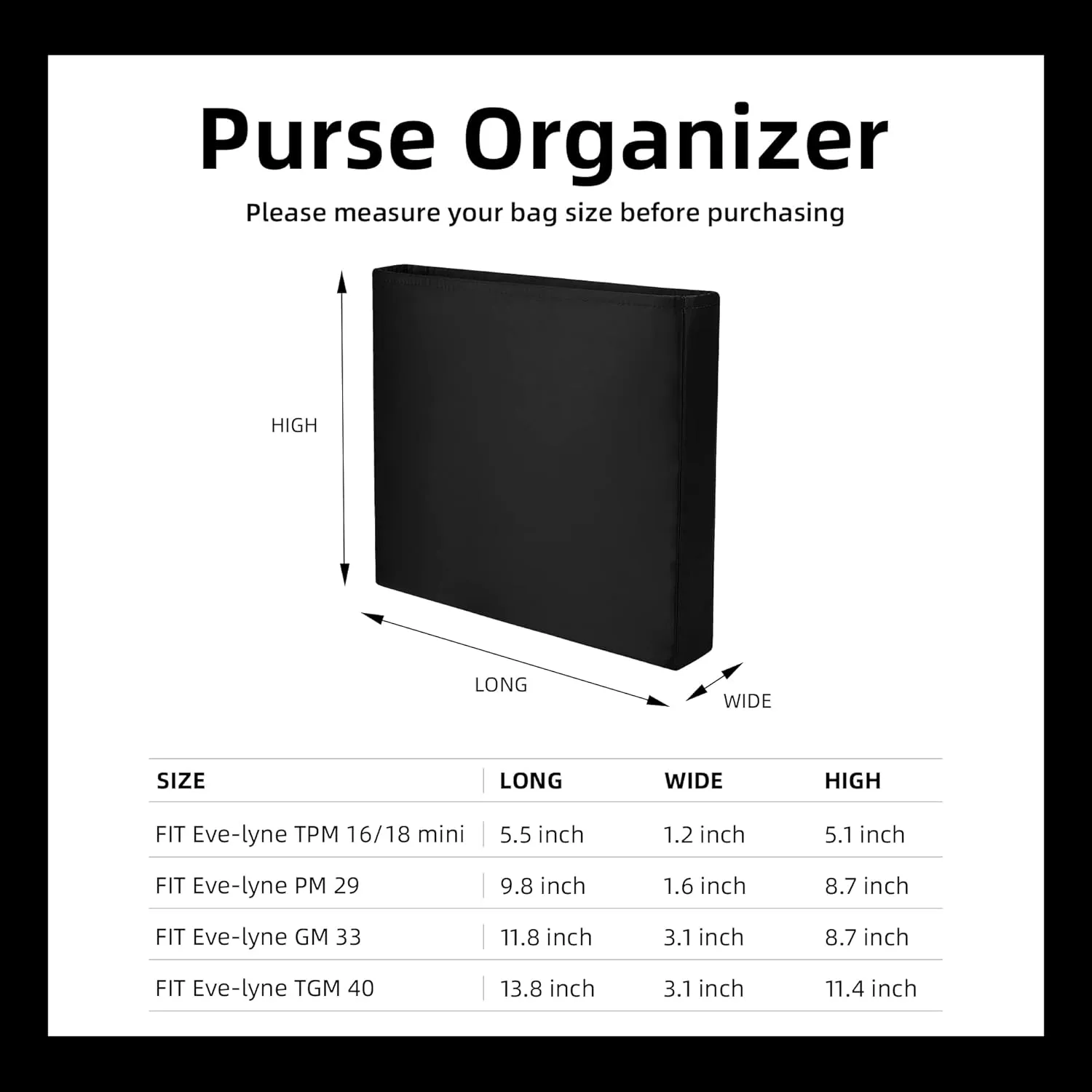 DGAZ Silky Purse Organizer Insert Fits Evelyne TPM/PM/GM/TGM Bags, Luxury Handbag & Tote Organizer, Simplicity bag organizer（Black,PM）