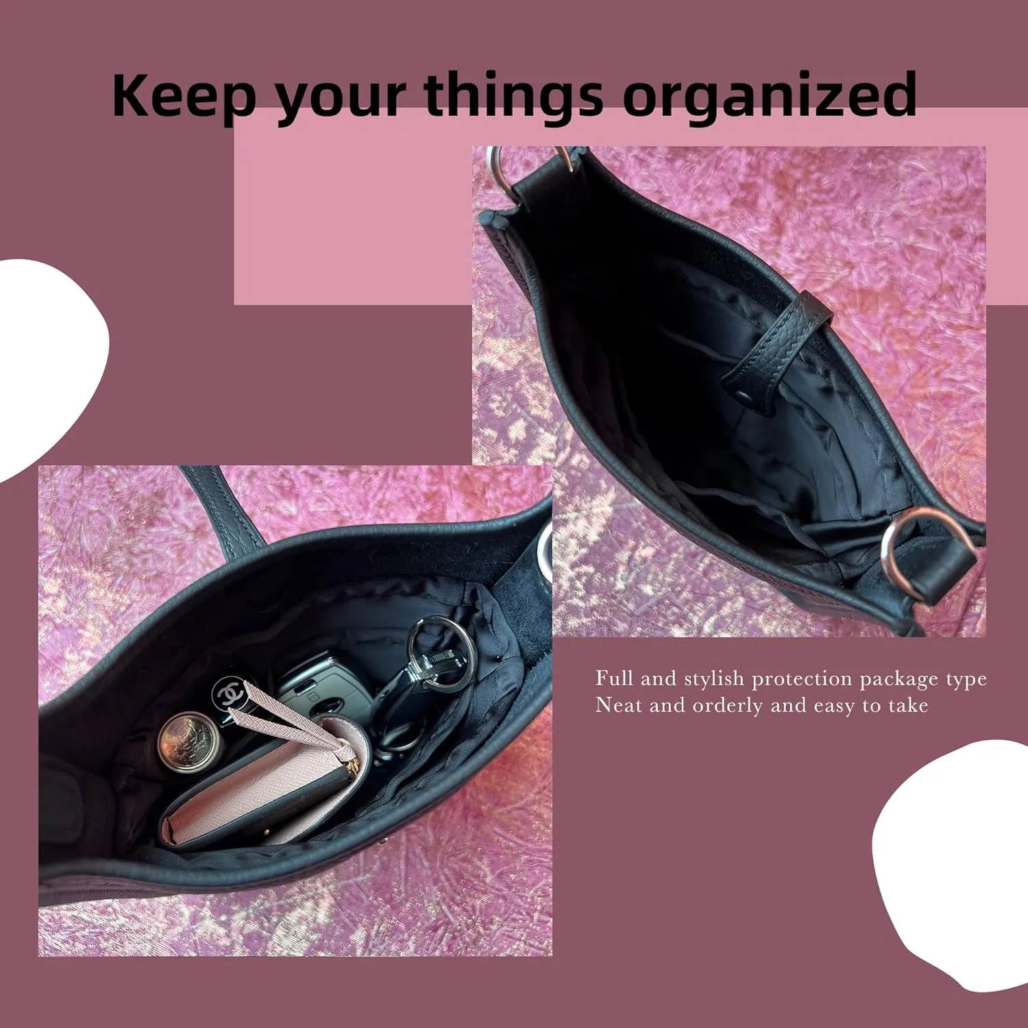 DGAZ Silky Purse Organizer Insert Fits Evelyne TPM/PM/GM/TGM Bags, Luxury Handbag & Tote Organizer, Simplicity bag organizer（Black,PM）