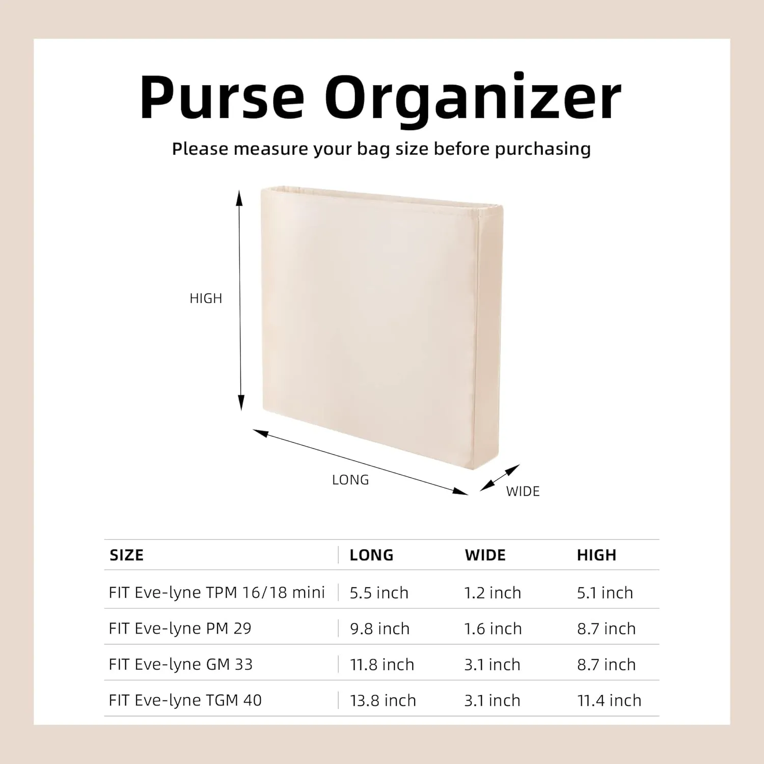 DGAZ Silky Purse Organizer Insert Fits Evelyne TPM/PM/GM/TGM Bags, Luxury Handbag & Tote Organizer, Simplicity bag organizer（Craie,PM）