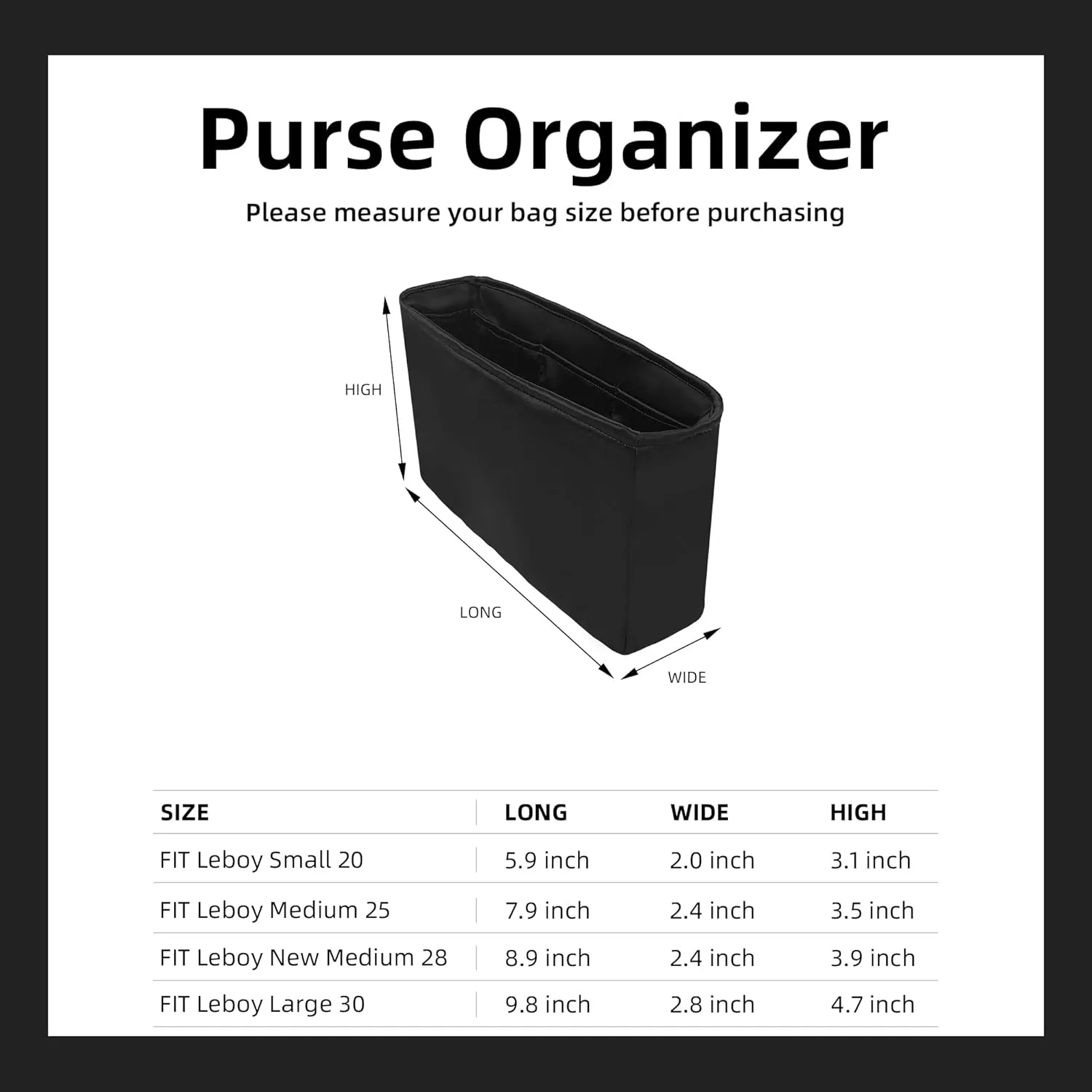 DGAZ Silky Purse Organizer Insert For Chanel Leboy Bags, Luxury Handbag & Tote Organizer, Simplicity bag organizer (Black,Medium 25)