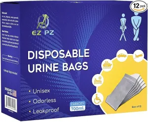 Disposable Urine Bags [12 Pack] – Urinal Bags for Travel – Portable Travel Urine Bag for Emergencies, Camping or Traffic Jam – Leak-Proof and Odorless – Pee Bags for Men and Women – 700ml by: EZ PZ