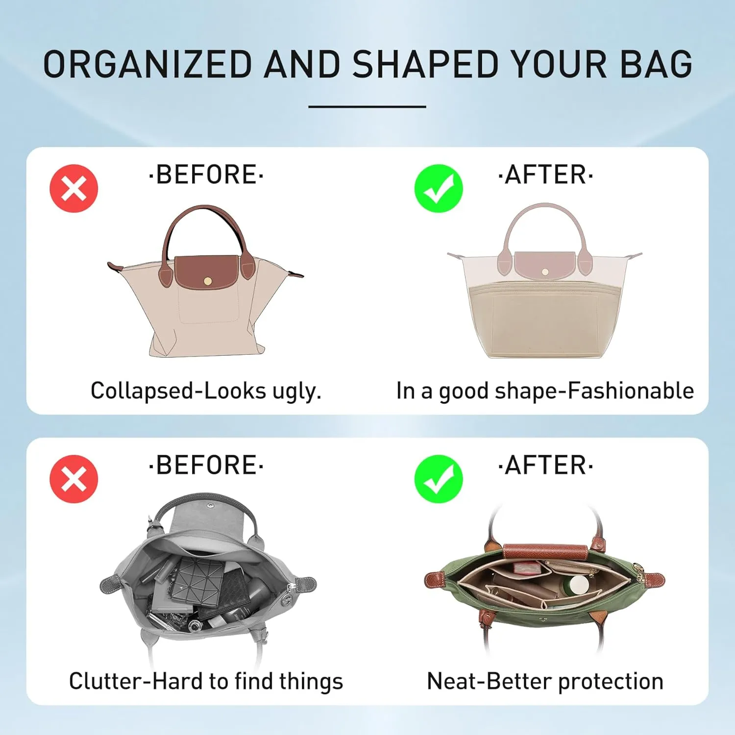 Doxo Longchamp Purse Organizer Insert Large Compatible with Le Pliage L Handbags Tote(Large,Beige)