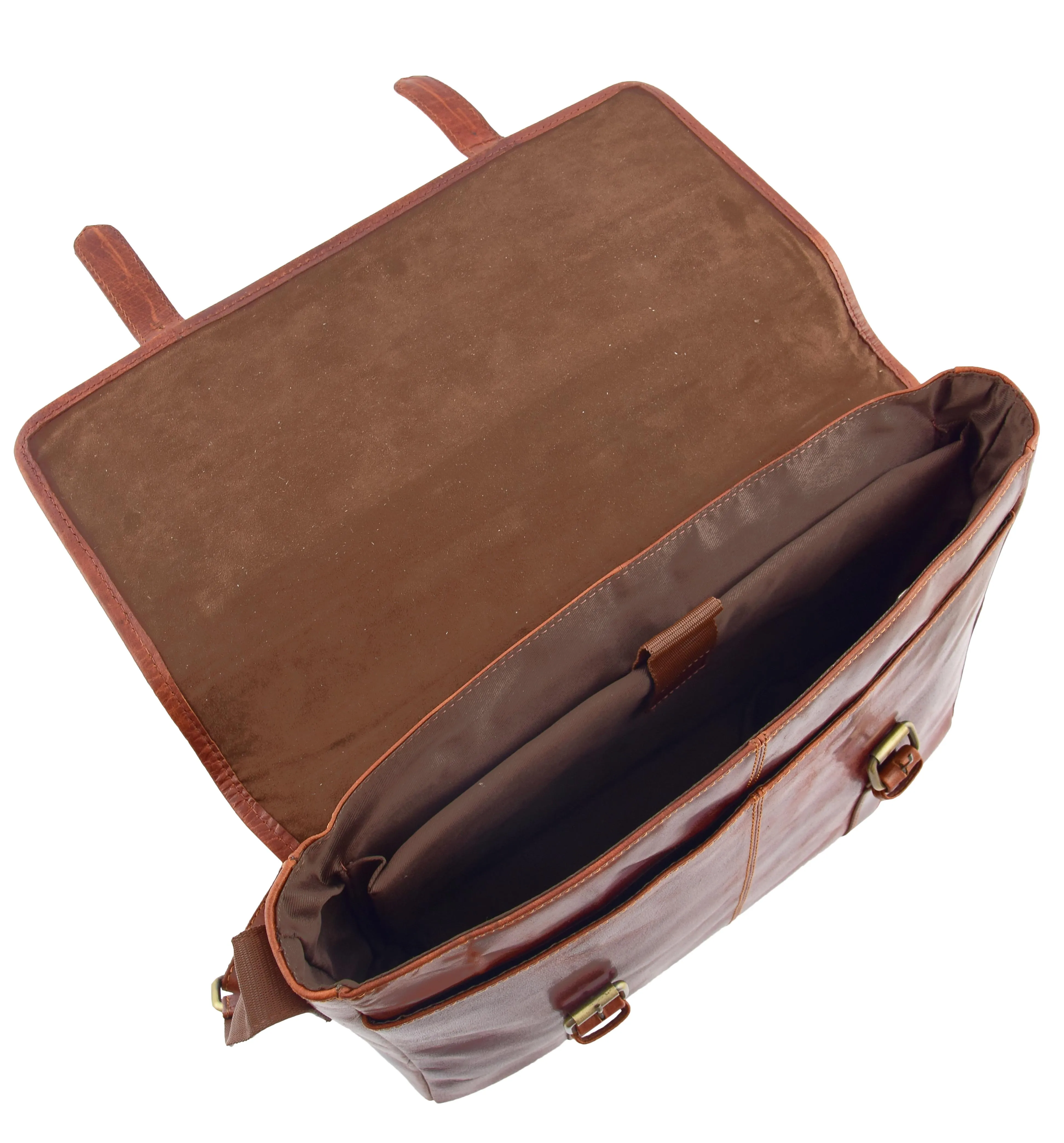 DR361 Men's Leather Cross Body Flap Over Briefcase Brown