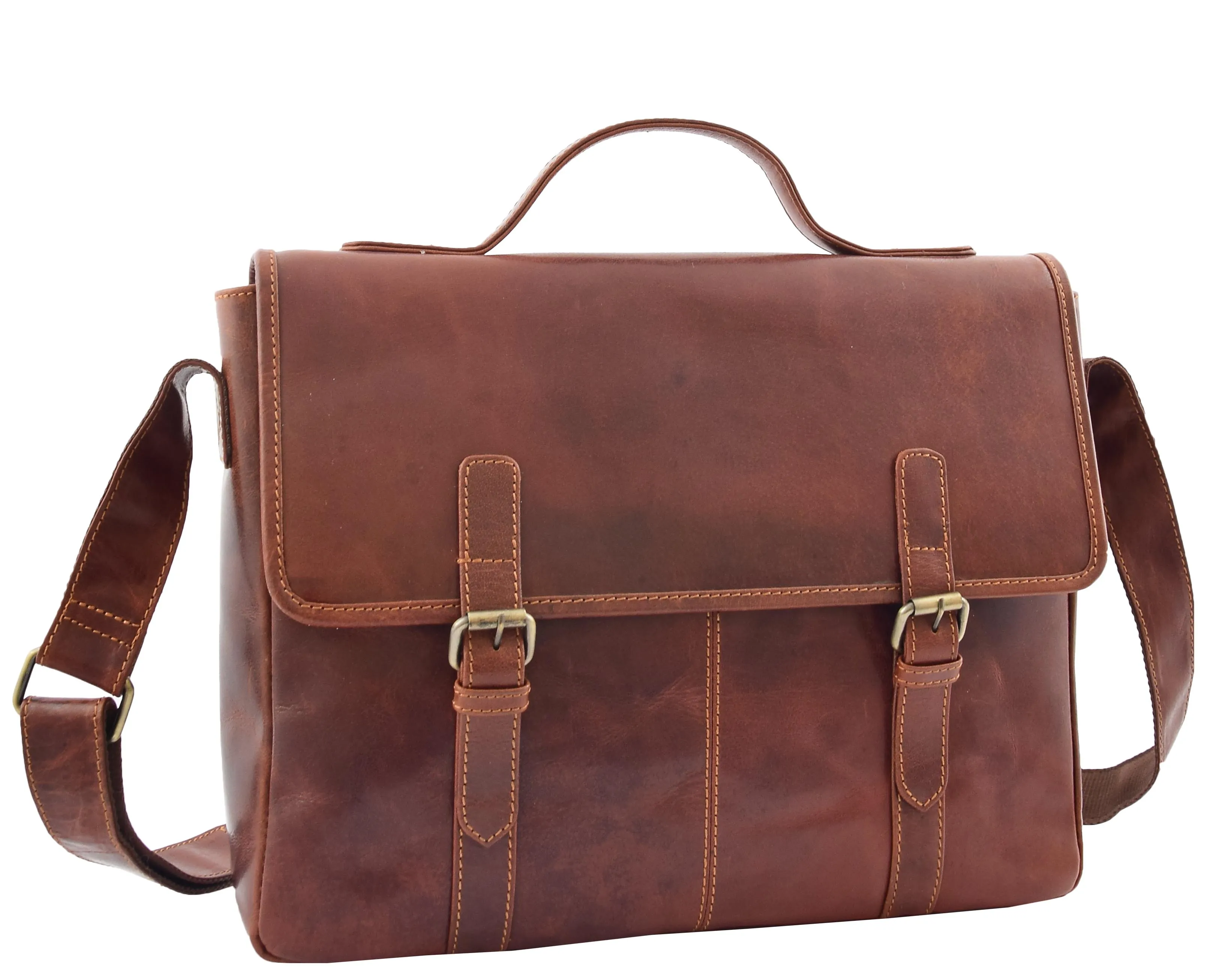 DR361 Men's Leather Cross Body Flap Over Briefcase Brown
