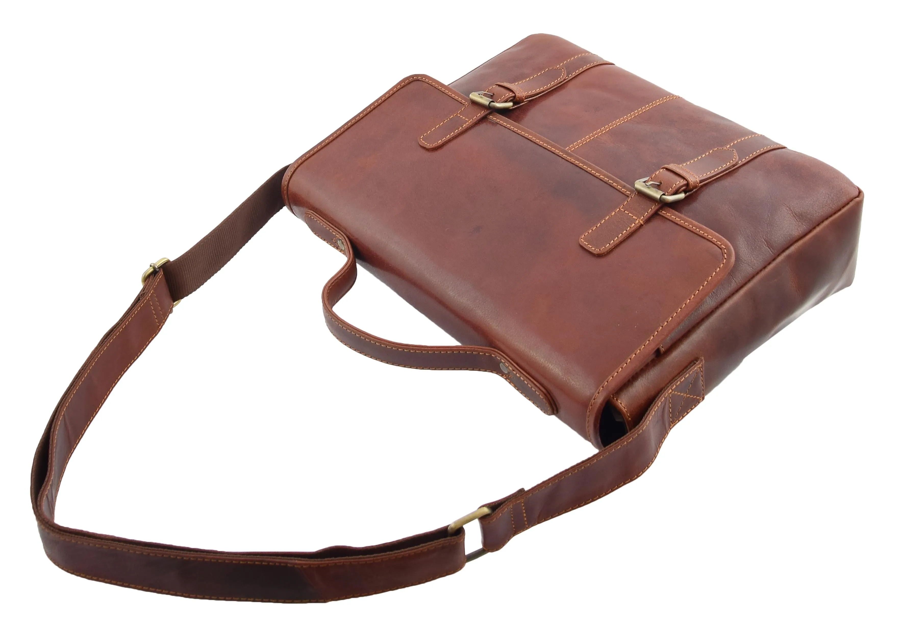 DR361 Men's Leather Cross Body Flap Over Briefcase Brown