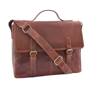DR361 Men's Leather Cross Body Flap Over Briefcase Brown