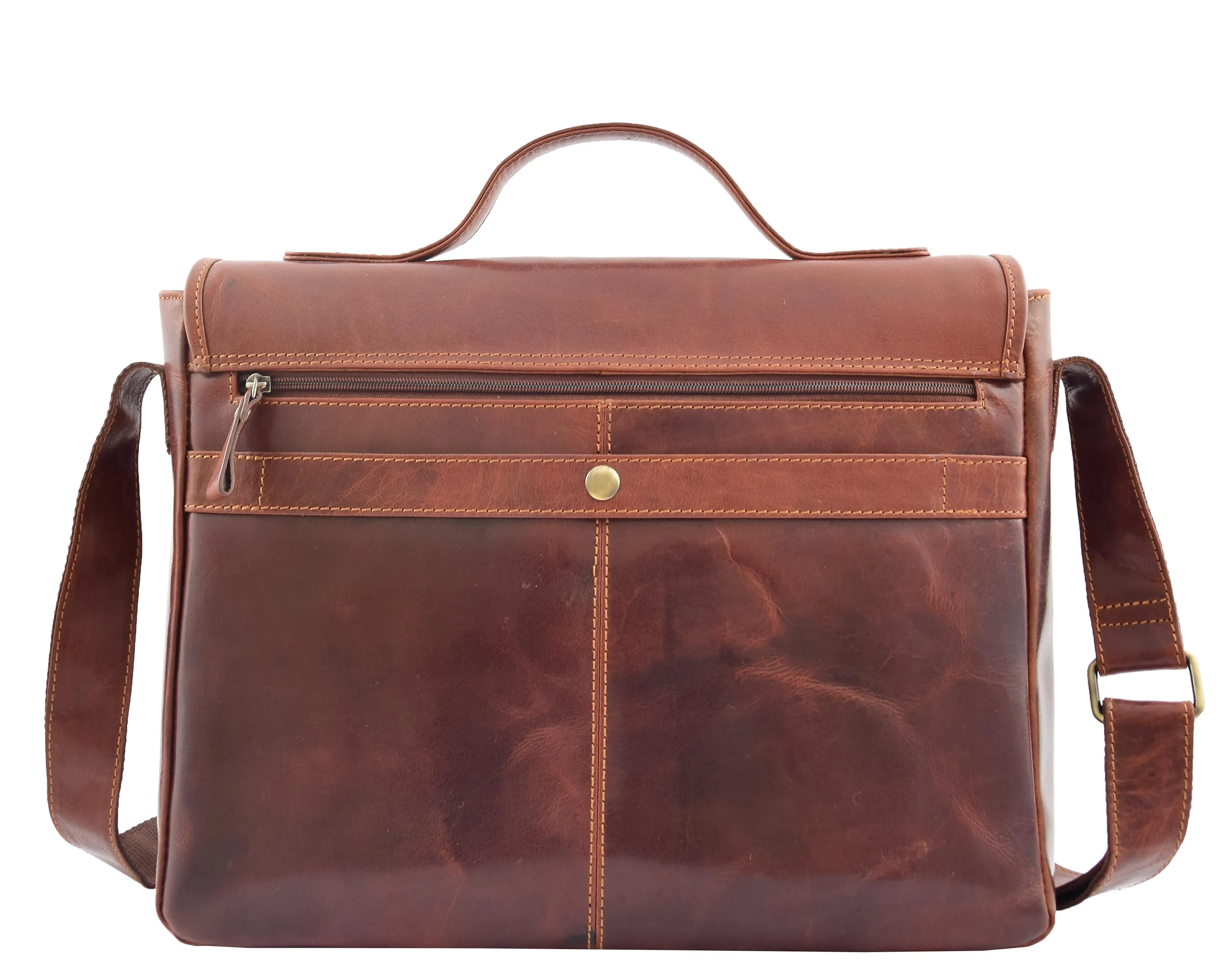 DR361 Men's Leather Cross Body Flap Over Briefcase Brown