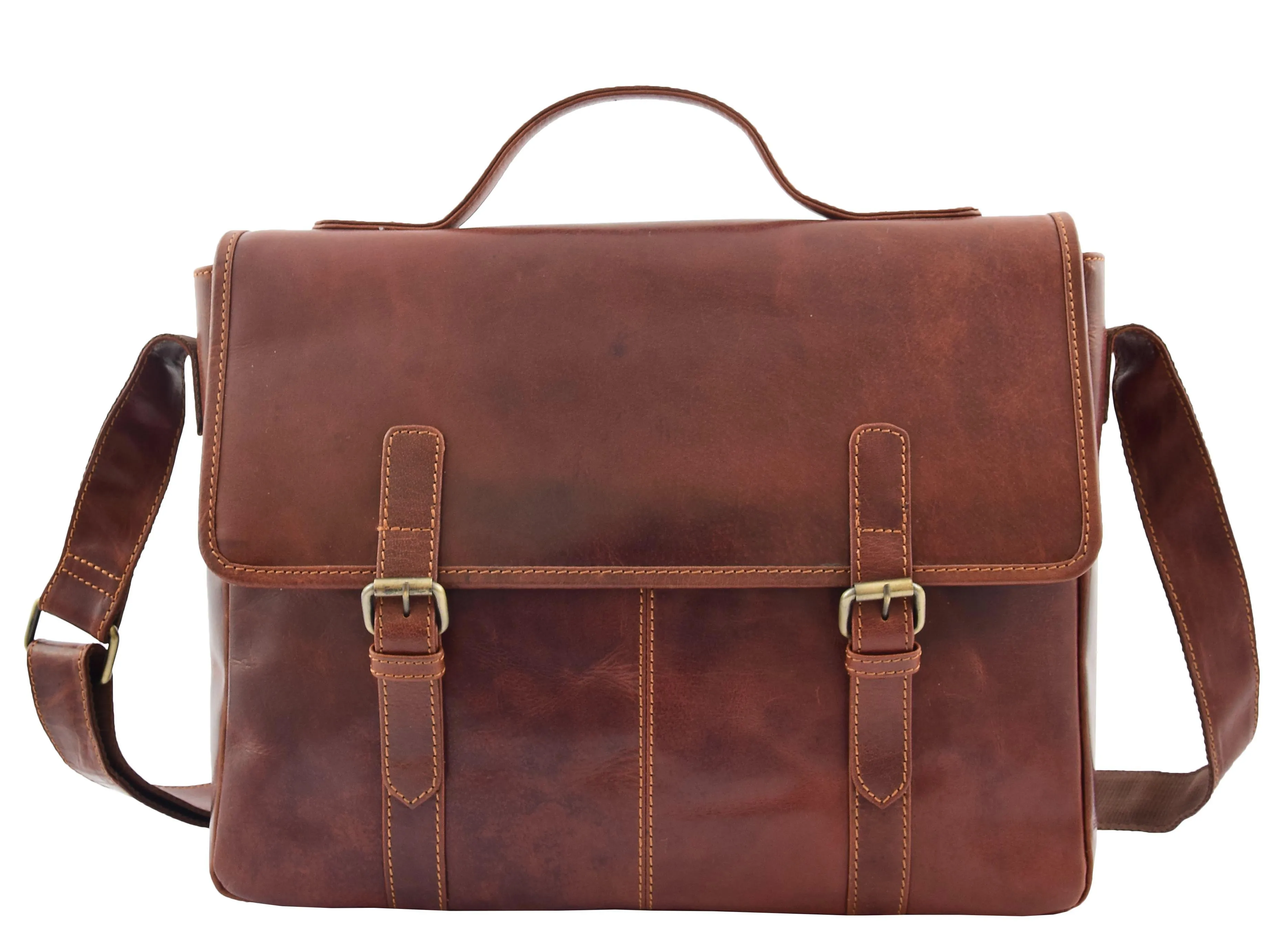 DR361 Men's Leather Cross Body Flap Over Briefcase Brown
