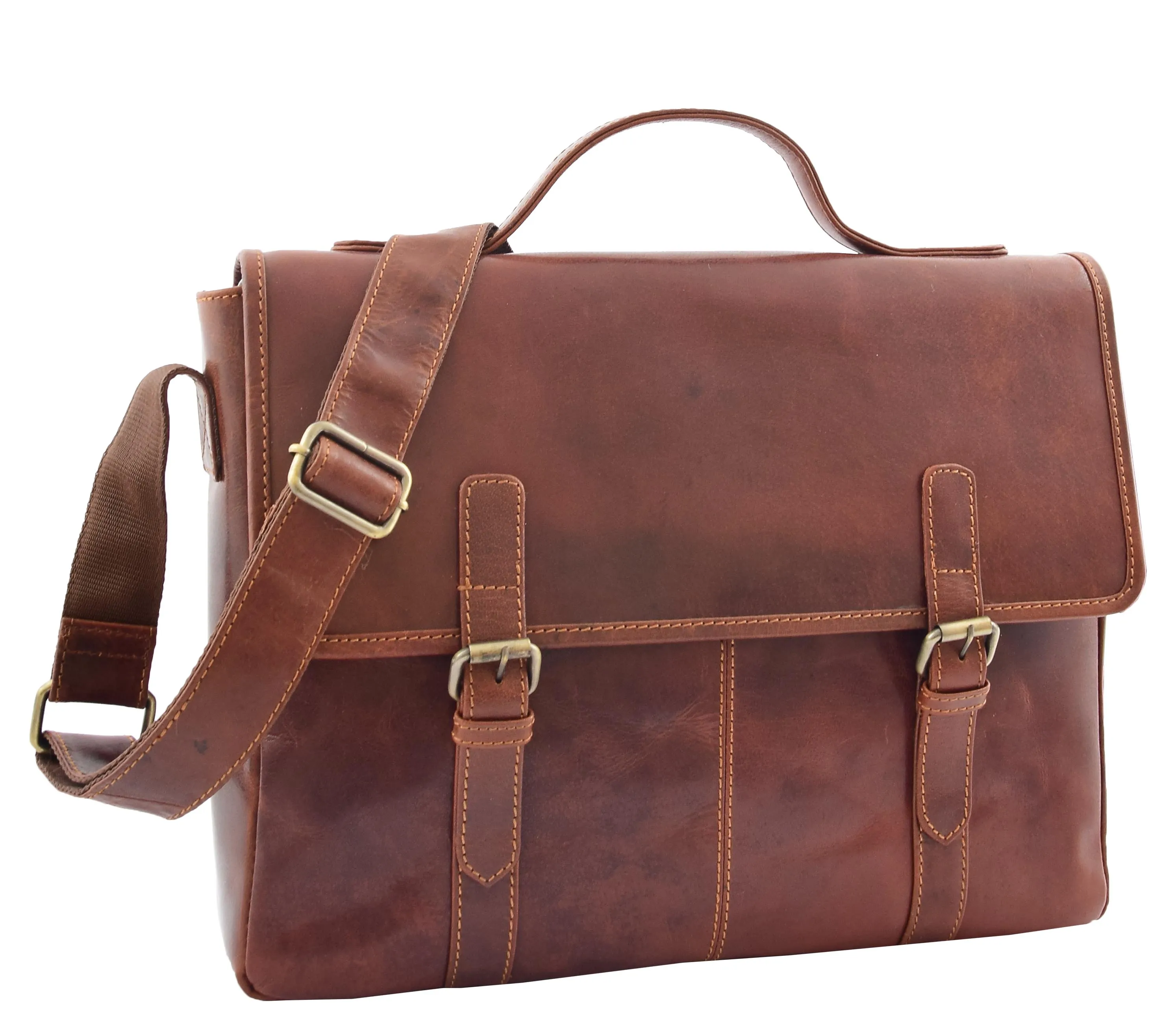 DR361 Men's Leather Cross Body Flap Over Briefcase Brown