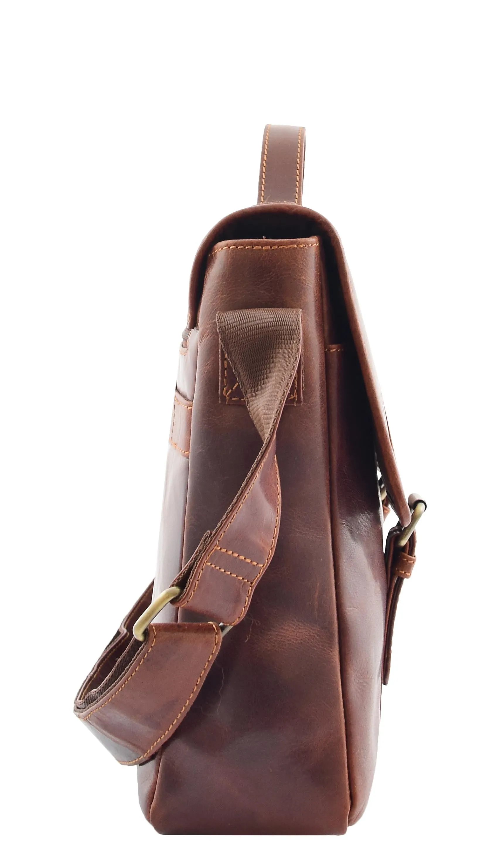 DR361 Men's Leather Cross Body Flap Over Briefcase Brown