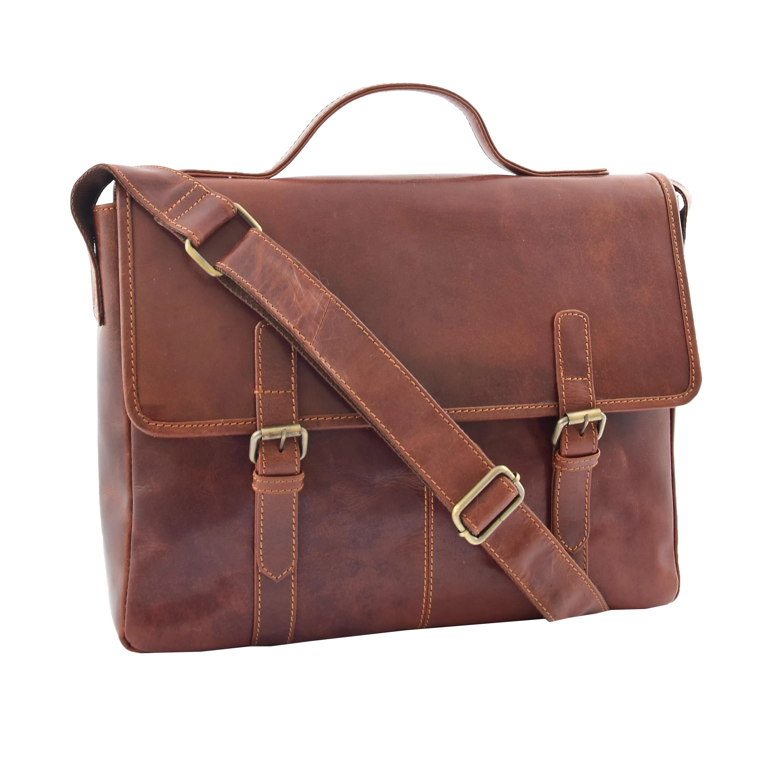 DR361 Men's Leather Cross Body Flap Over Briefcase Brown