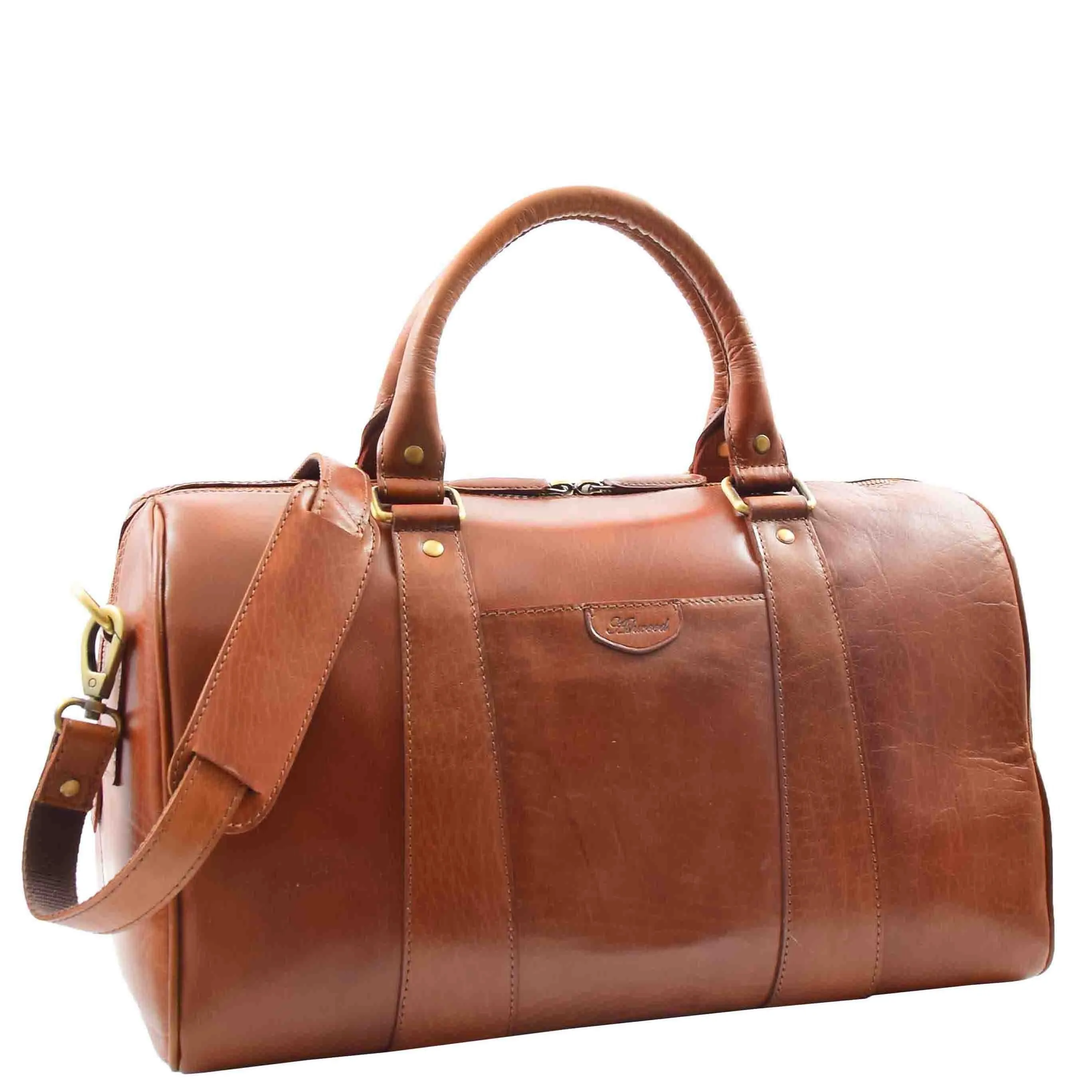 DR556 Real Leather Two Tone Classic Weekend Bag Cognac