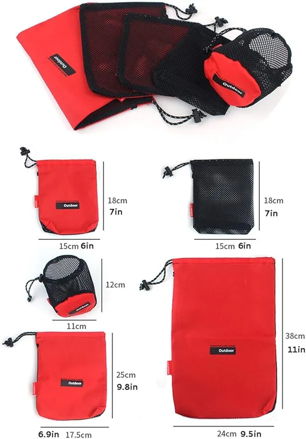 Drawstring Bags/Pouch/Ditty/Mesh-Stuff-Sack for Camping/Travel Cord/Bag - Storage 5-in-1 Travel Use Nylon 5 Pieces