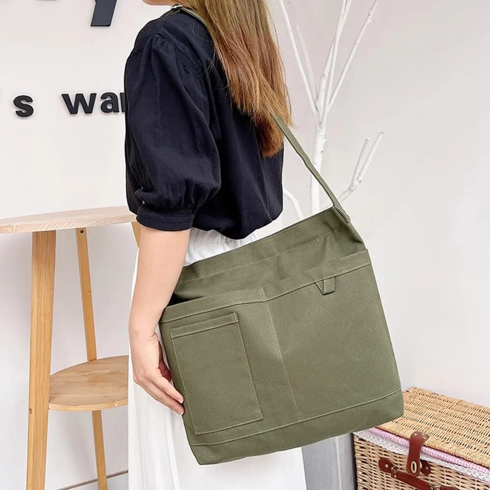 Economical Cotton Canvas Tote Bag,Women Hobo Shoulder Bag Crossbody Handbag with 3 External Pocket,Zipper Closure