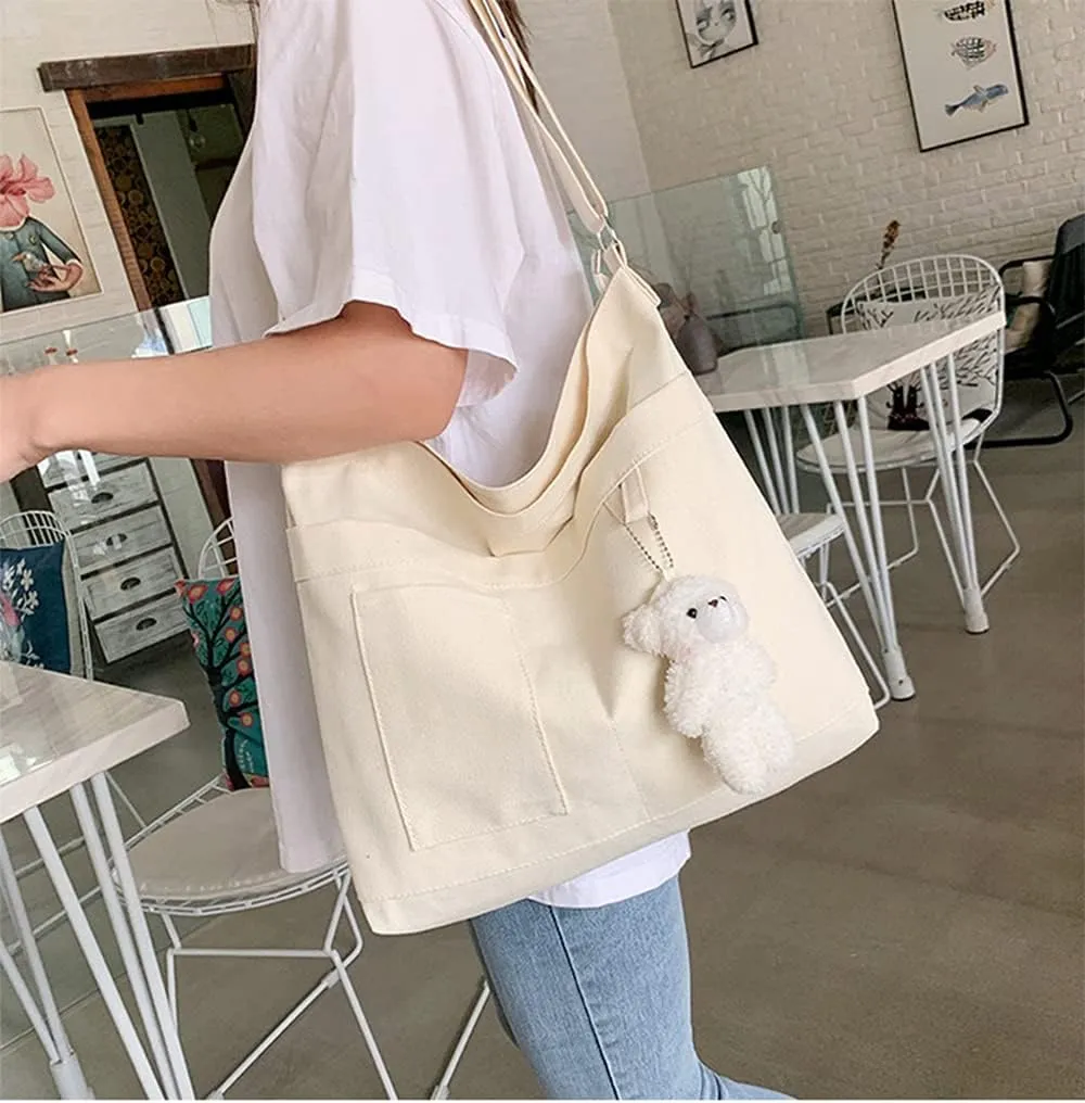 Economical Cotton Canvas Tote Bag,Women Hobo Shoulder Bag Crossbody Handbag with 3 External Pocket,Zipper Closure