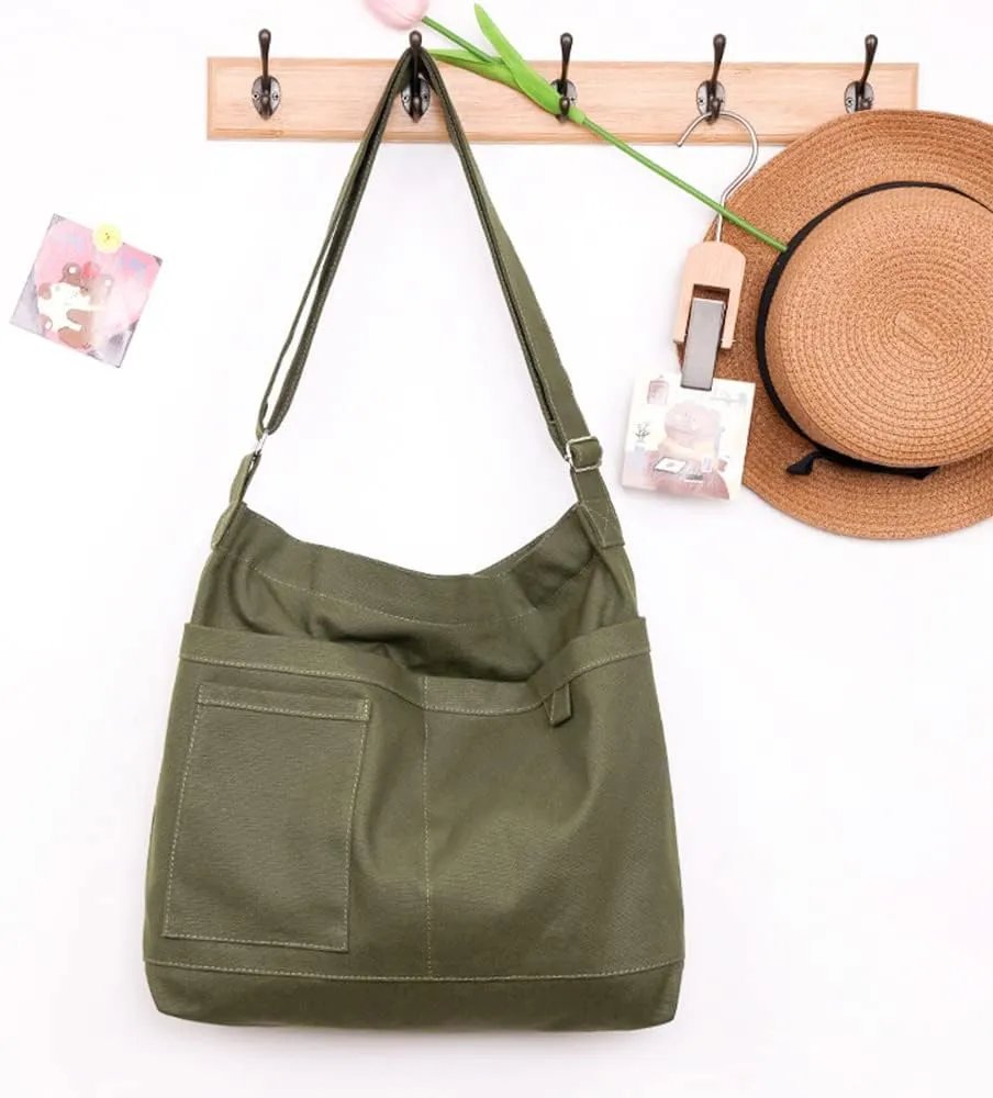 Economical Cotton Canvas Tote Bag,Women Hobo Shoulder Bag Crossbody Handbag with 3 External Pocket,Zipper Closure