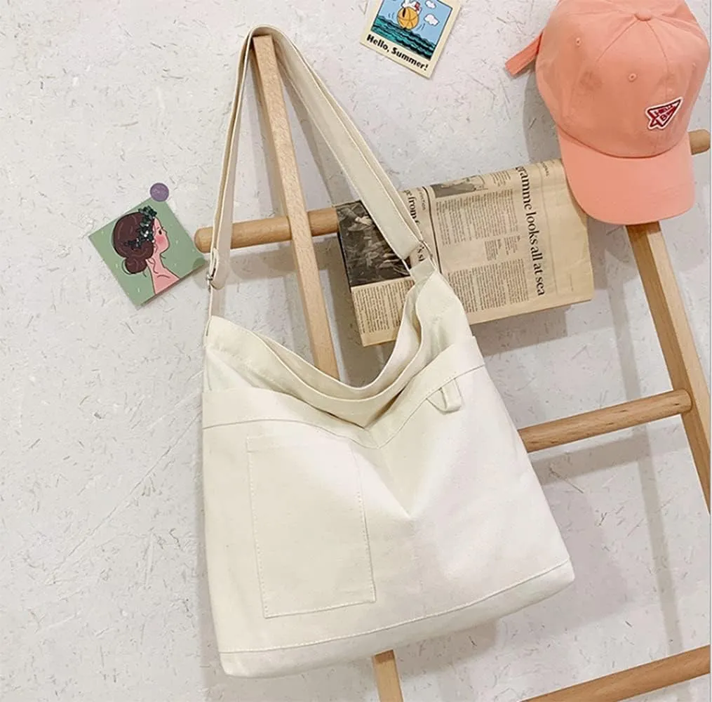 Economical Cotton Canvas Tote Bag,Women Hobo Shoulder Bag Crossbody Handbag with 3 External Pocket,Zipper Closure