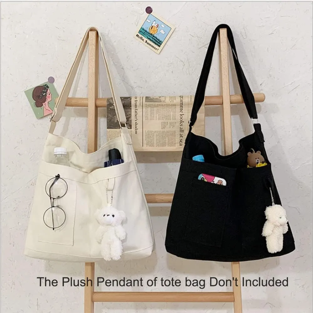 Economical Cotton Canvas Tote Bag,Women Hobo Shoulder Bag Crossbody Handbag with 3 External Pocket,Zipper Closure