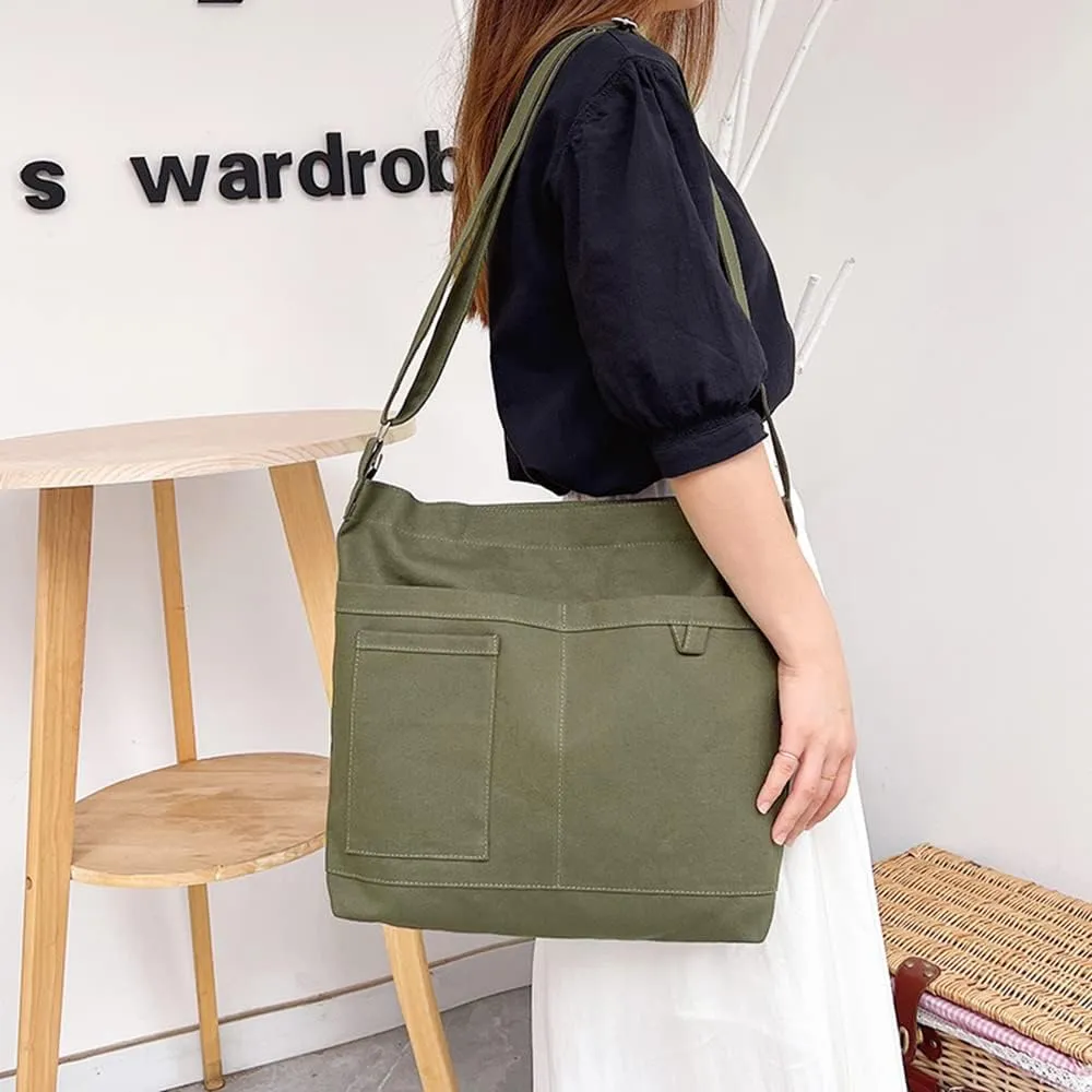 Economical Cotton Canvas Tote Bag,Women Hobo Shoulder Bag Crossbody Handbag with 3 External Pocket,Zipper Closure