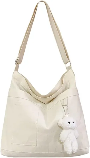 Economical Cotton Canvas Tote Bag,Women Hobo Shoulder Bag Crossbody Handbag with 3 External Pocket,Zipper Closure