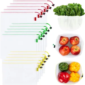 Ecowaare 15 Pcs Reusable Produce Bags,3 Sizes Washable and See-Through Mesh Bags for Grocery Shopping, Fruits and Vegetables, with Colorful Tare Weight Tags,3 Small 6 Medium & 6 Large