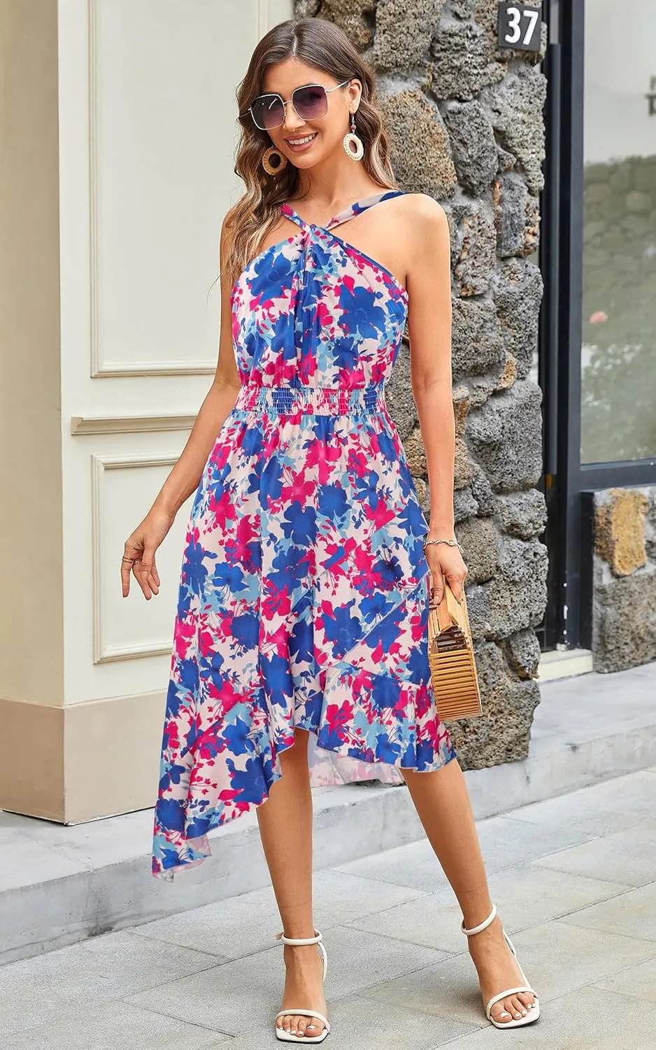 ECOWISH Polka Dot Women Summer Dress Flowy High Low Sleeveless Boho Floral Criss Cross Halterneck Cocktail Midi Sundress 2025