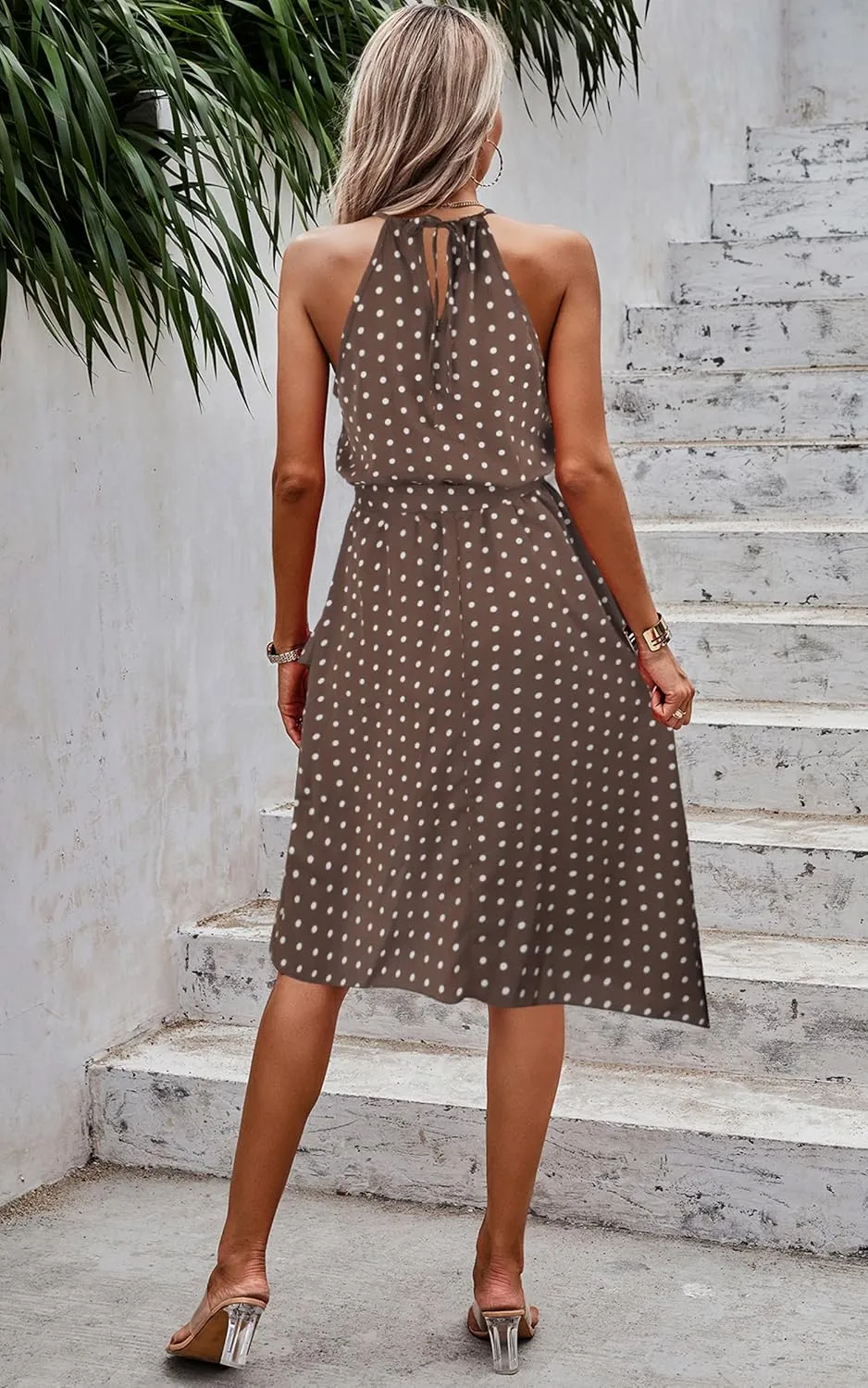 ECOWISH Polka Dot Women Summer Dress Flowy High Low Sleeveless Boho Floral Criss Cross Halterneck Cocktail Midi Sundress 2025