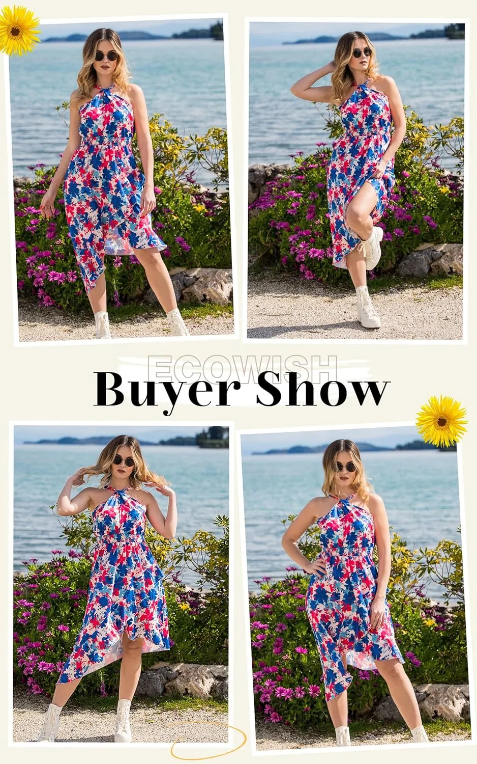 ECOWISH Polka Dot Women Summer Dress Flowy High Low Sleeveless Boho Floral Criss Cross Halterneck Cocktail Midi Sundress 2025