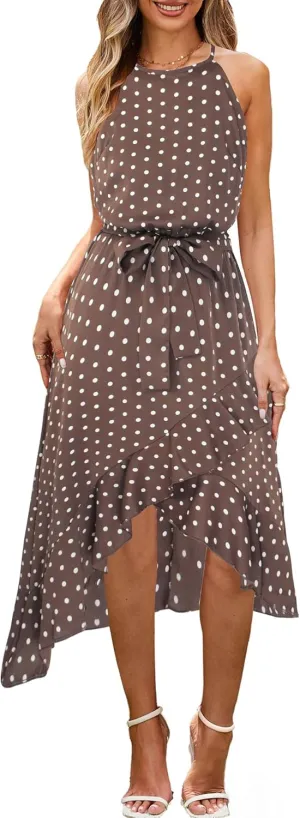 ECOWISH Polka Dot Women Summer Dress Flowy High Low Sleeveless Boho Floral Criss Cross Halterneck Cocktail Midi Sundress 2025