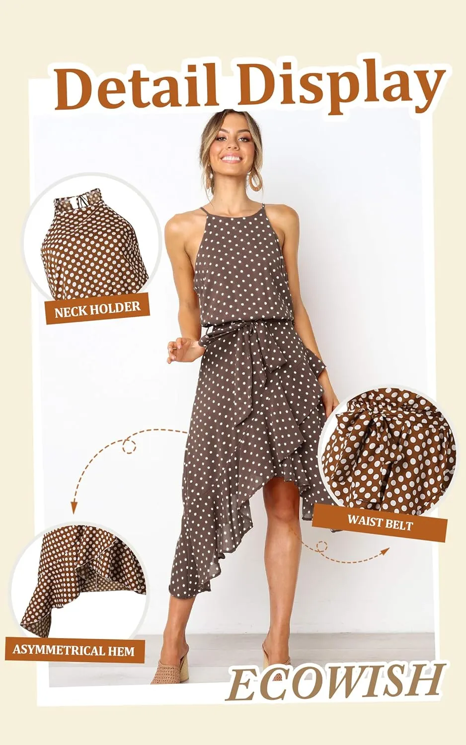 ECOWISH Polka Dot Women Summer Dress Flowy High Low Sleeveless Boho Floral Criss Cross Halterneck Cocktail Midi Sundress 2025