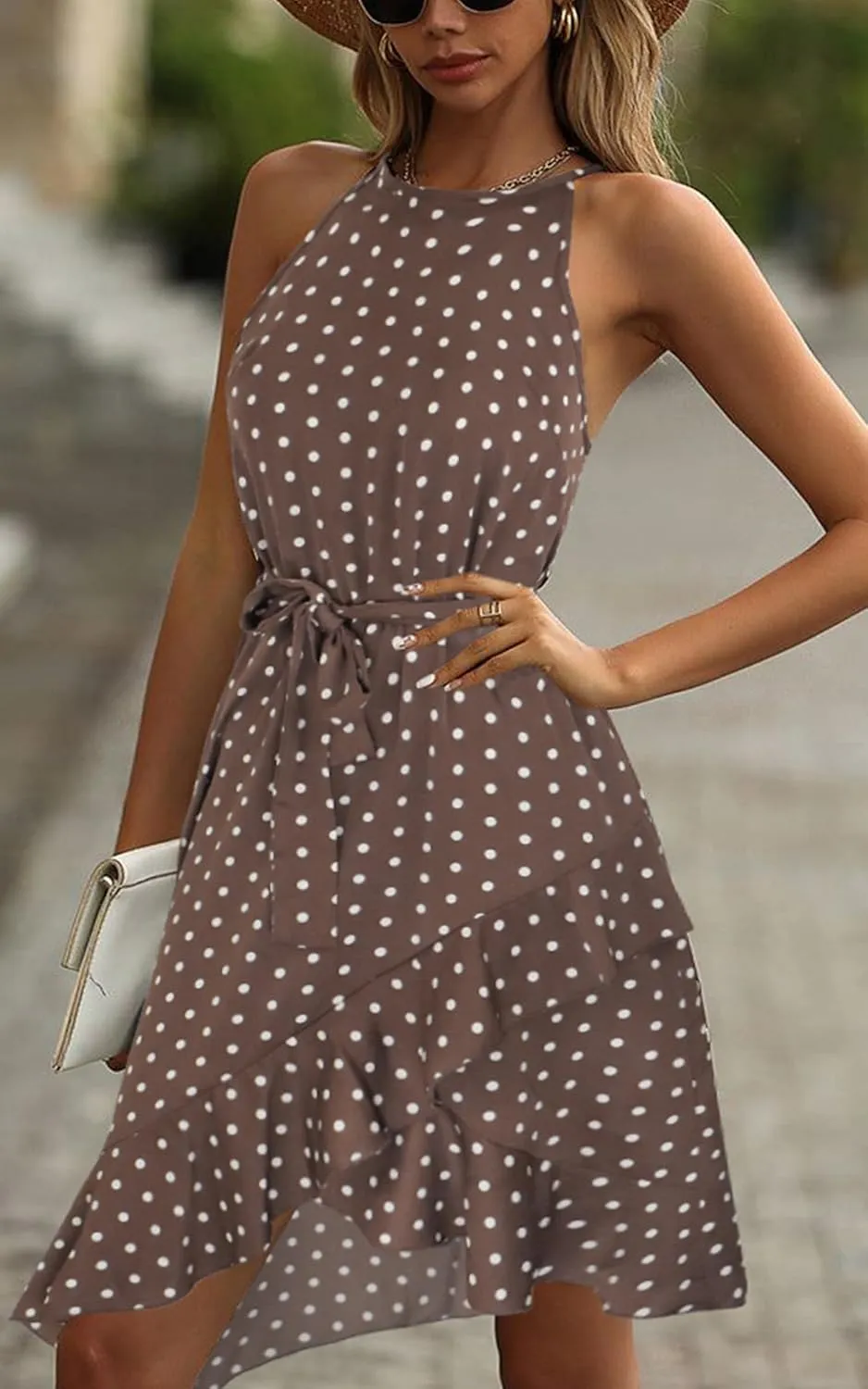 ECOWISH Polka Dot Women Summer Dress Flowy High Low Sleeveless Boho Floral Criss Cross Halterneck Cocktail Midi Sundress 2025