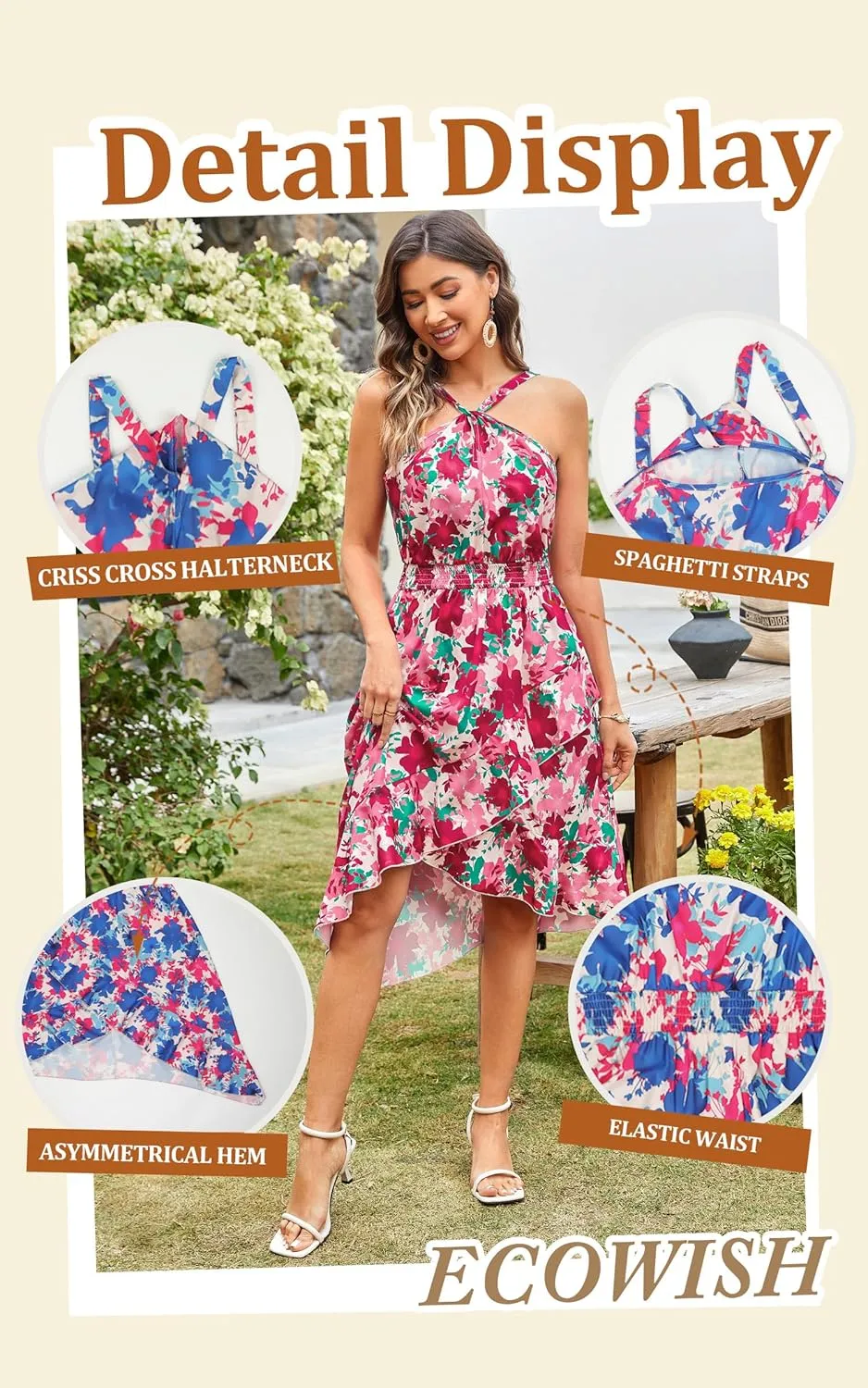 ECOWISH Polka Dot Women Summer Dress Flowy High Low Sleeveless Boho Floral Criss Cross Halterneck Cocktail Midi Sundress 2025