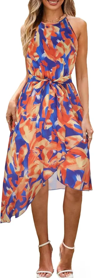 ECOWISH Polka Dot Women Summer Dress Flowy High Low Sleeveless Boho Floral Criss Cross Halterneck Cocktail Midi Sundress 2025