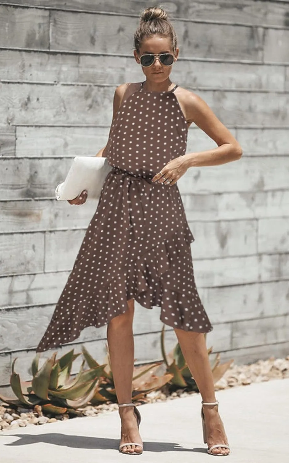 ECOWISH Polka Dot Women Summer Dress Flowy High Low Sleeveless Boho Floral Criss Cross Halterneck Cocktail Midi Sundress 2025