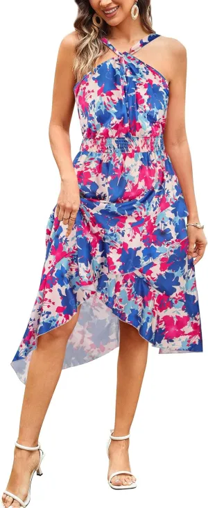 ECOWISH Polka Dot Women Summer Dress Flowy High Low Sleeveless Boho Floral Criss Cross Halterneck Cocktail Midi Sundress 2025