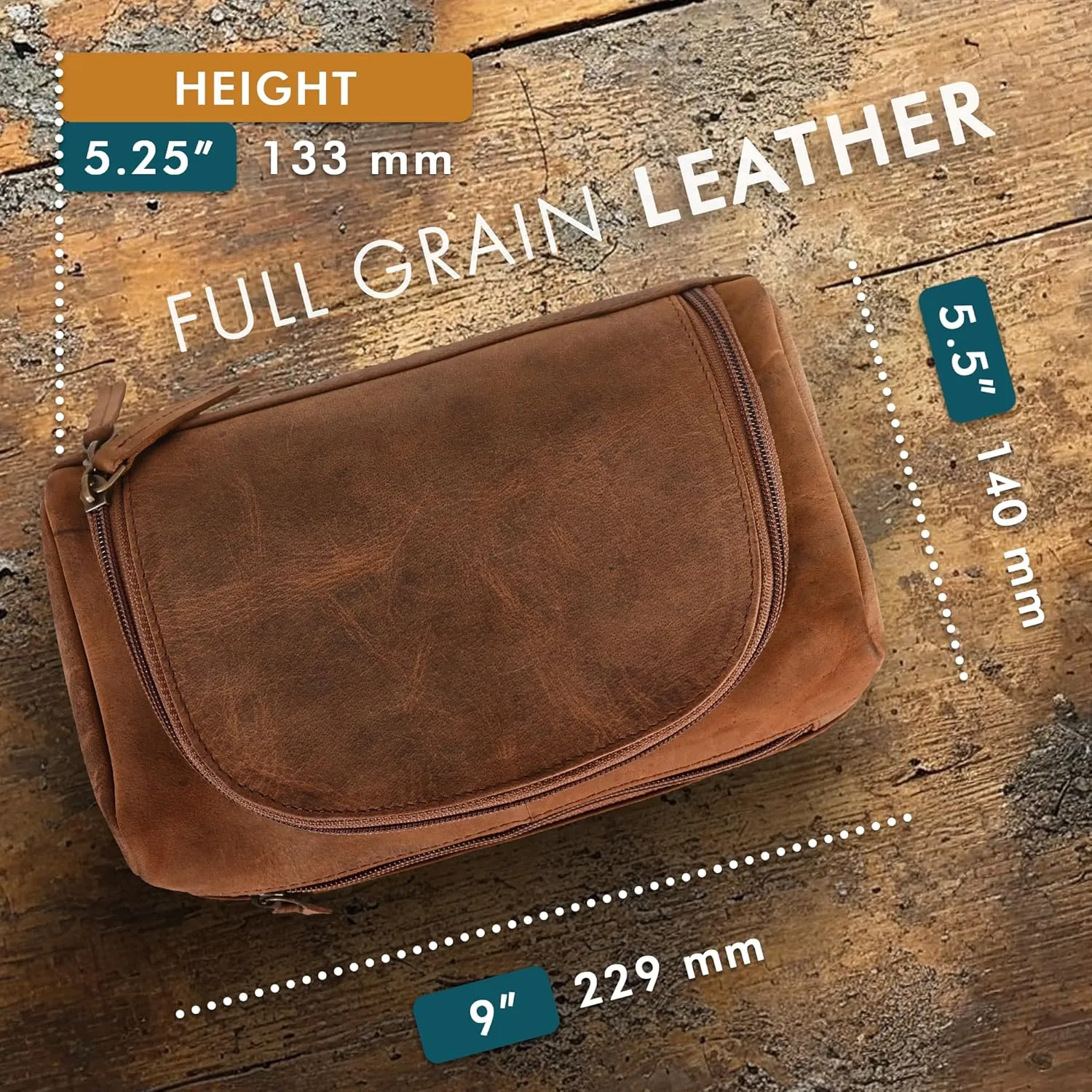 ELIZO Premium REAL Leather Toiletry Bag for Men Dopp Kitt Hanging Mens Toiletry Large TSA Toiletries Bag Shaving Grooming Bag Organizer Saddle