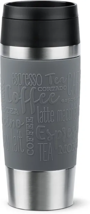 Emsa N20205 Travel Mug Classic Insulated Mug 0.36 Litres Comfort Screw Cap Stainless Steel 4 Hours Hot and 8 Hours Cold 100% Leak-Proof Dishwasher Safe 360° Drinking Opening Dark Grey